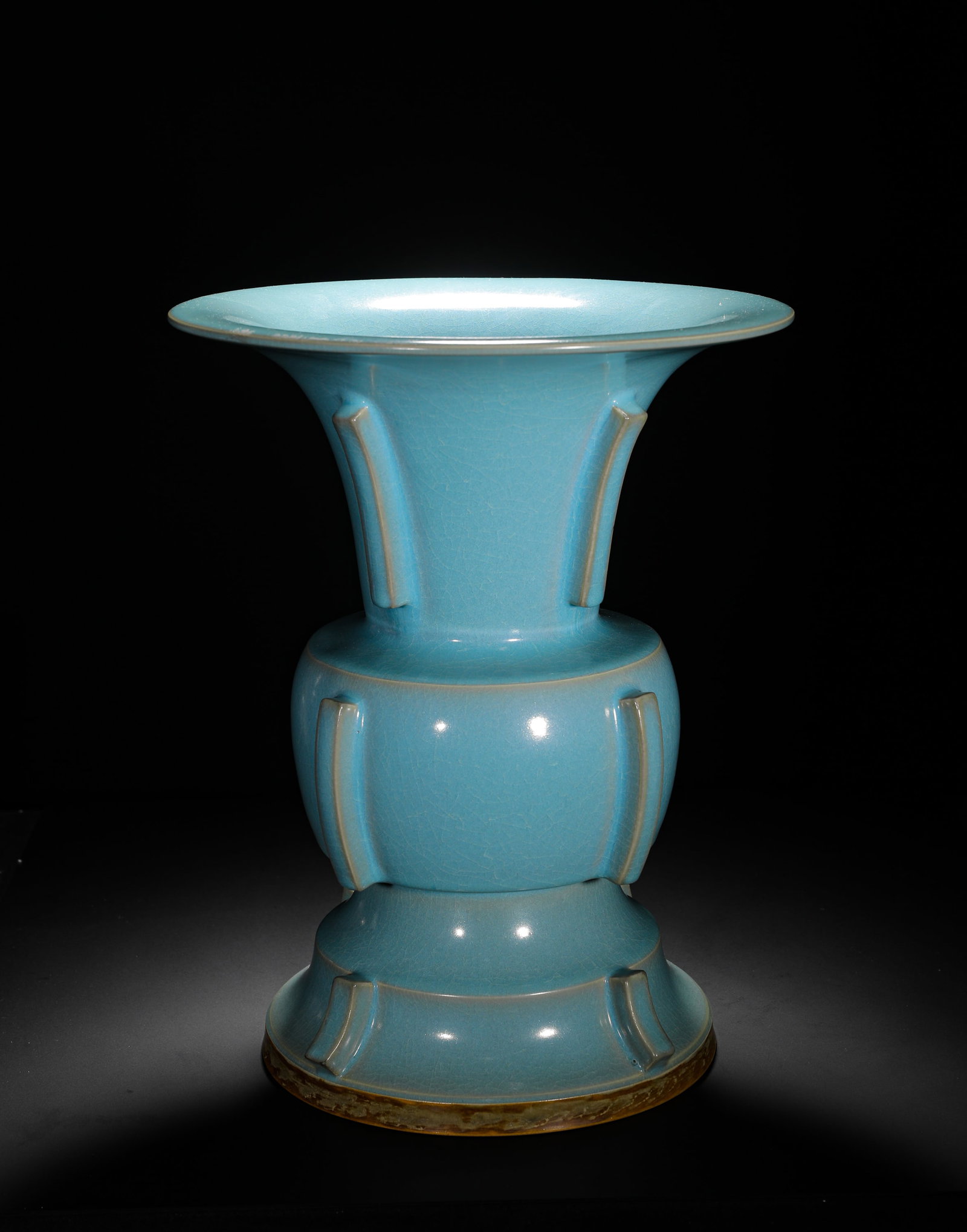 SONG DYNASTY RU KILN SKY BLUE GLAZED HALBERD-SHAPED VASE: H:38cm(14.96in) D:30.5cm(12.01in) Weight:6110g(13.47lb)The entire vessel is covered in sky-celadon glaze, even and warm like the clear sky after rain, with fine "cicada wing?? crackles throughout.