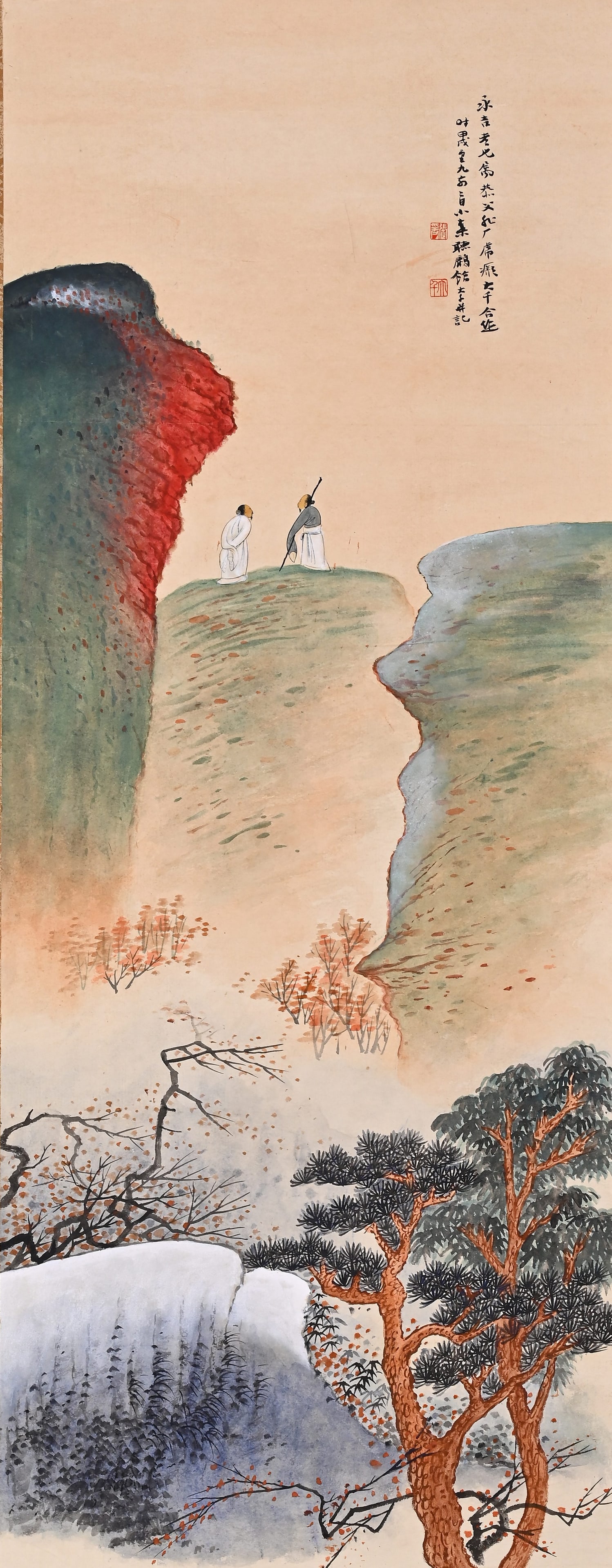 ZHANG DAQIAN (1899-1983) CO-AUTHORED QIANJIANG QIUSHAN GAO SHI LANDSCAPE VERTICAL SCROLL: Height:103cm(40.55in) Width:40cm(15.75in)Paper light green autumn landscape scroll jointly painted by Zhang Daqian. Colored painting of two scholars standing on cliff viewing autumn scenery, layered p