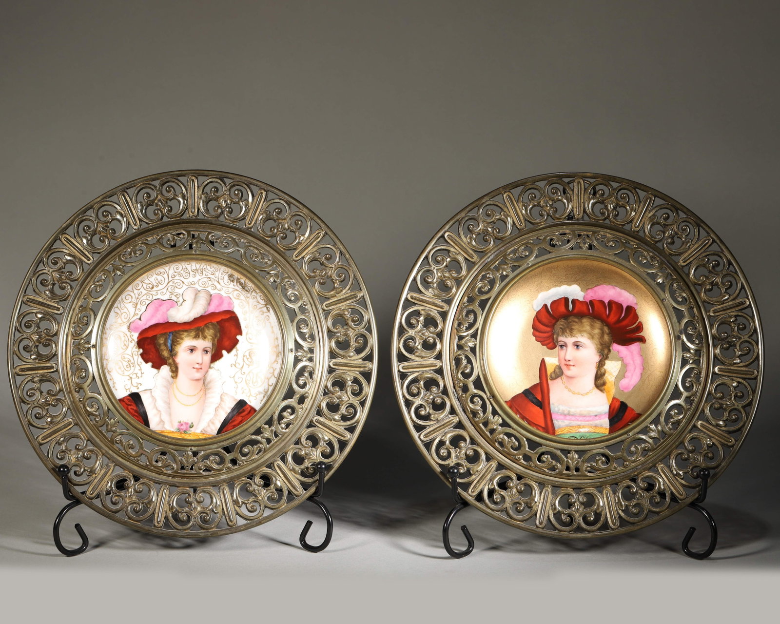 PAIR OF 19TH CENTURY ROYAL VIENNA STYLE HAND-PAINTED PORCELAIN PORTRAIT CHARGERS WITH PIERCED GILT (1 of 9)