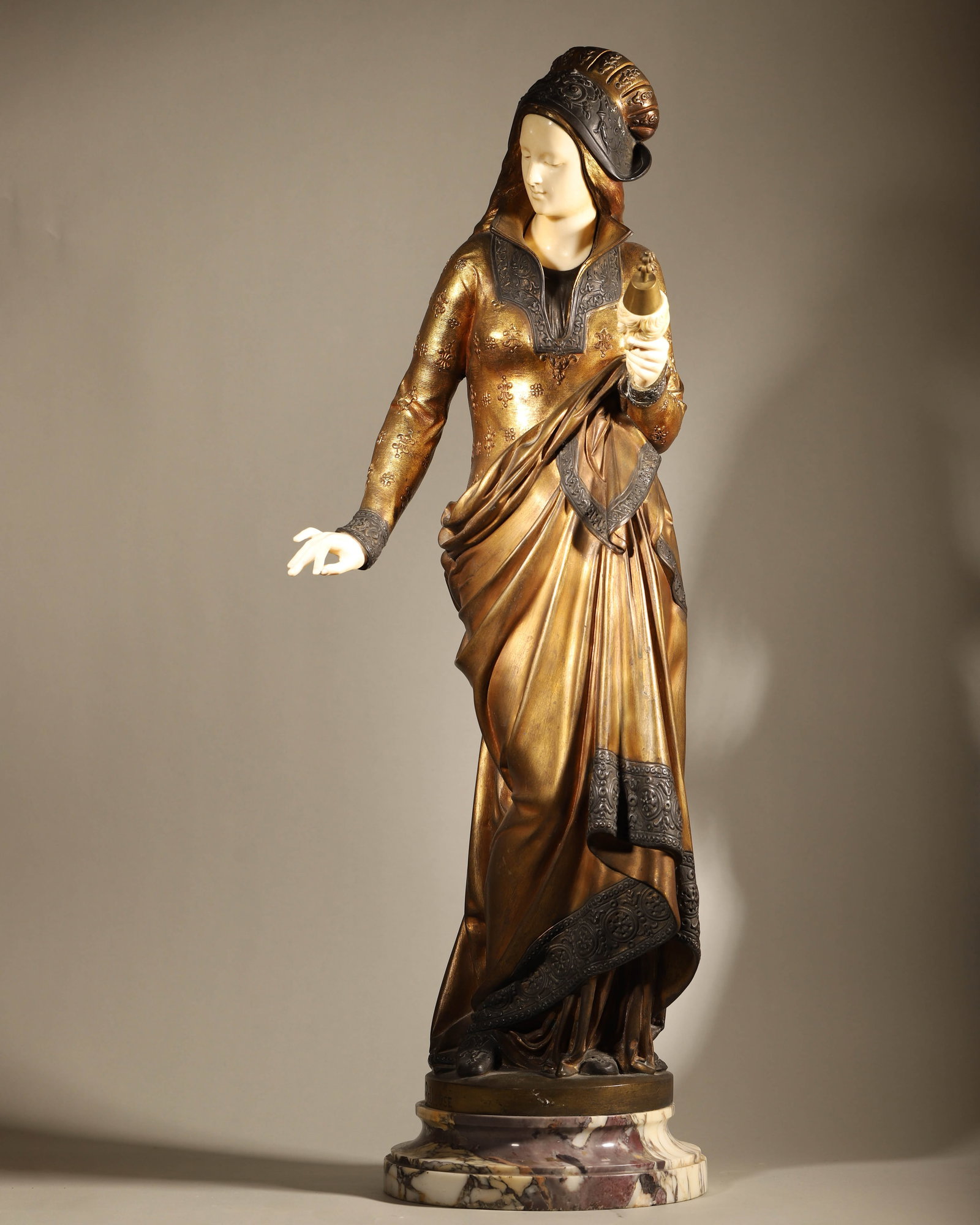ALBERT-ERNEST CARRIER-BELLEUSE,LA FILEUSE (GIRL WITH A SPINDLE): D 24cm (9.45 in); H 73cm (28.74 in),Generally good,19th & 20th Century European Sculpture ,Lot 75, Sothebys,London,2010 June 2,finalized price 34,850 GBP,signed: A. Carrier-Belleuse ,partially gilt br