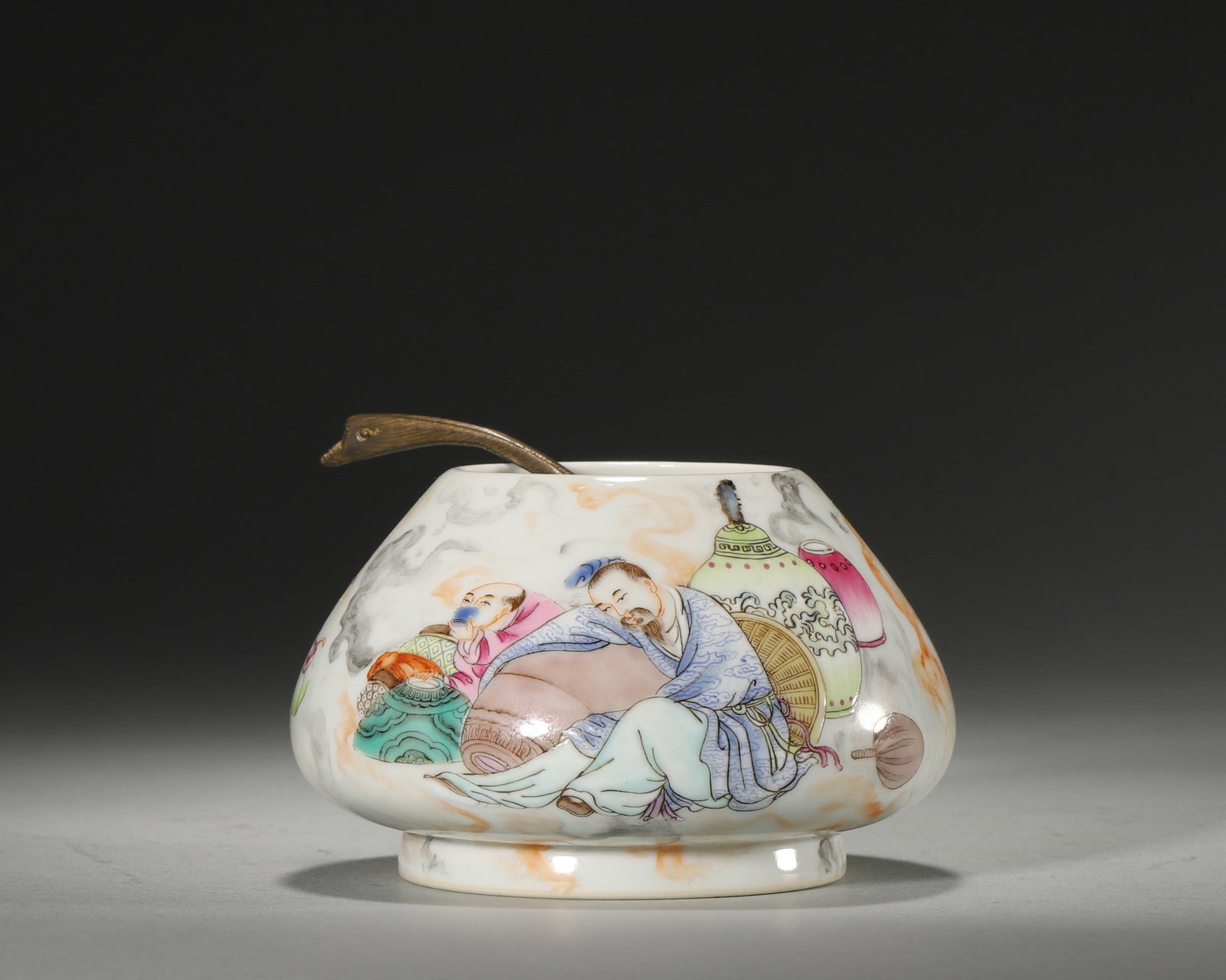 FAMILLE ROSE WATER POT WITH DRUNKEN IMMORTAL AMID MARBLED CLOUDS, YONGZHENG PERIOD, QING DYNASTY: D 9.5cm (3.74 in); H 6cm (2.36 in); Wt 158g (0.35 lb),Narrow mouth, bulbous body on raised foot. The surface decorated with marbled cloud ground, one side painted with a drunken scholar scene with ant