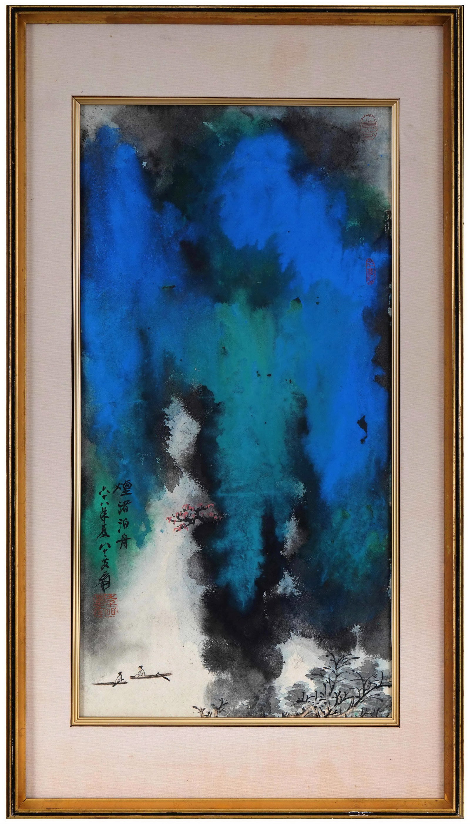 ZHANG DAQIAN, MOORED BOAT BY MISTY SANDBAR, SPLASHED-COLOUR LANDSCAPE, DATED 1968, FRAMED PAINTING: Image L 66cm (25.98 in) x Image W 33cm (12.99 in),Inscribed "Moored Boat by Misty Sandbar, painted in summer of wushen year by eighty-year-old Yuan??. Ink and colour on paper, splashed-colour landscap