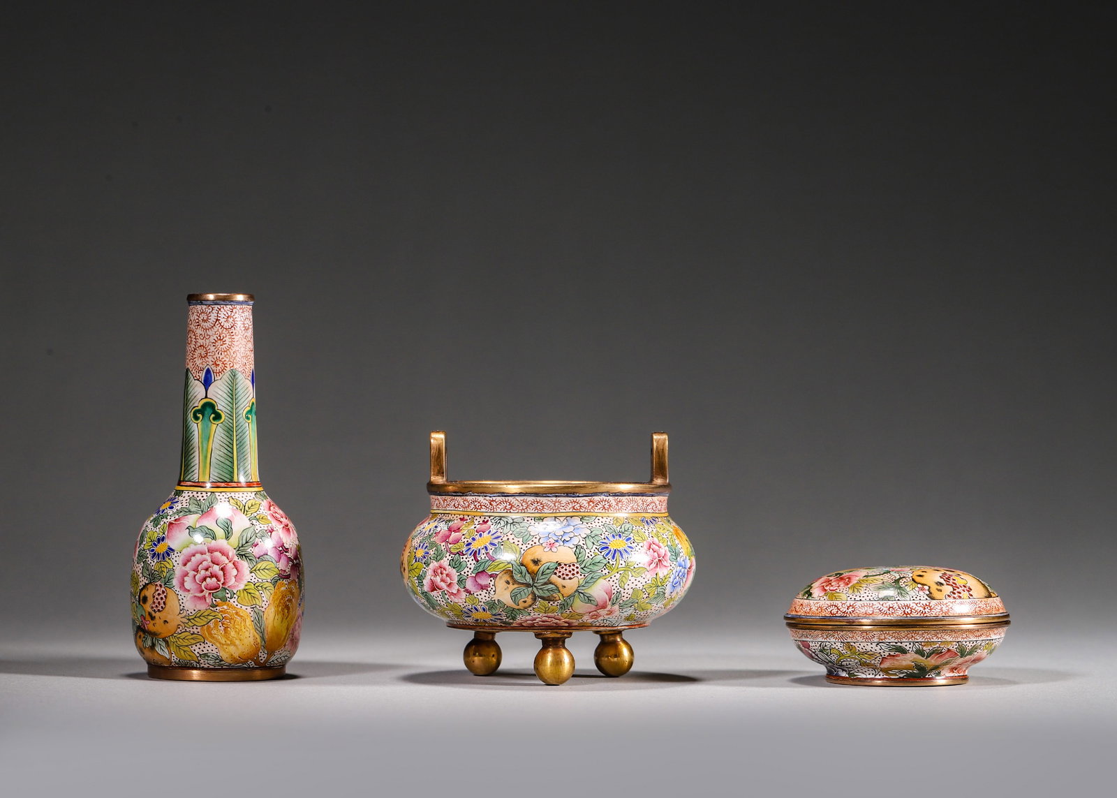 COPPER-BODY PAINTED ENAMEL INCENSE SET: CENSER, VASE & BOX WITH THREE ABUNDANCES MOTIF, QIANLONG (1 of 11)