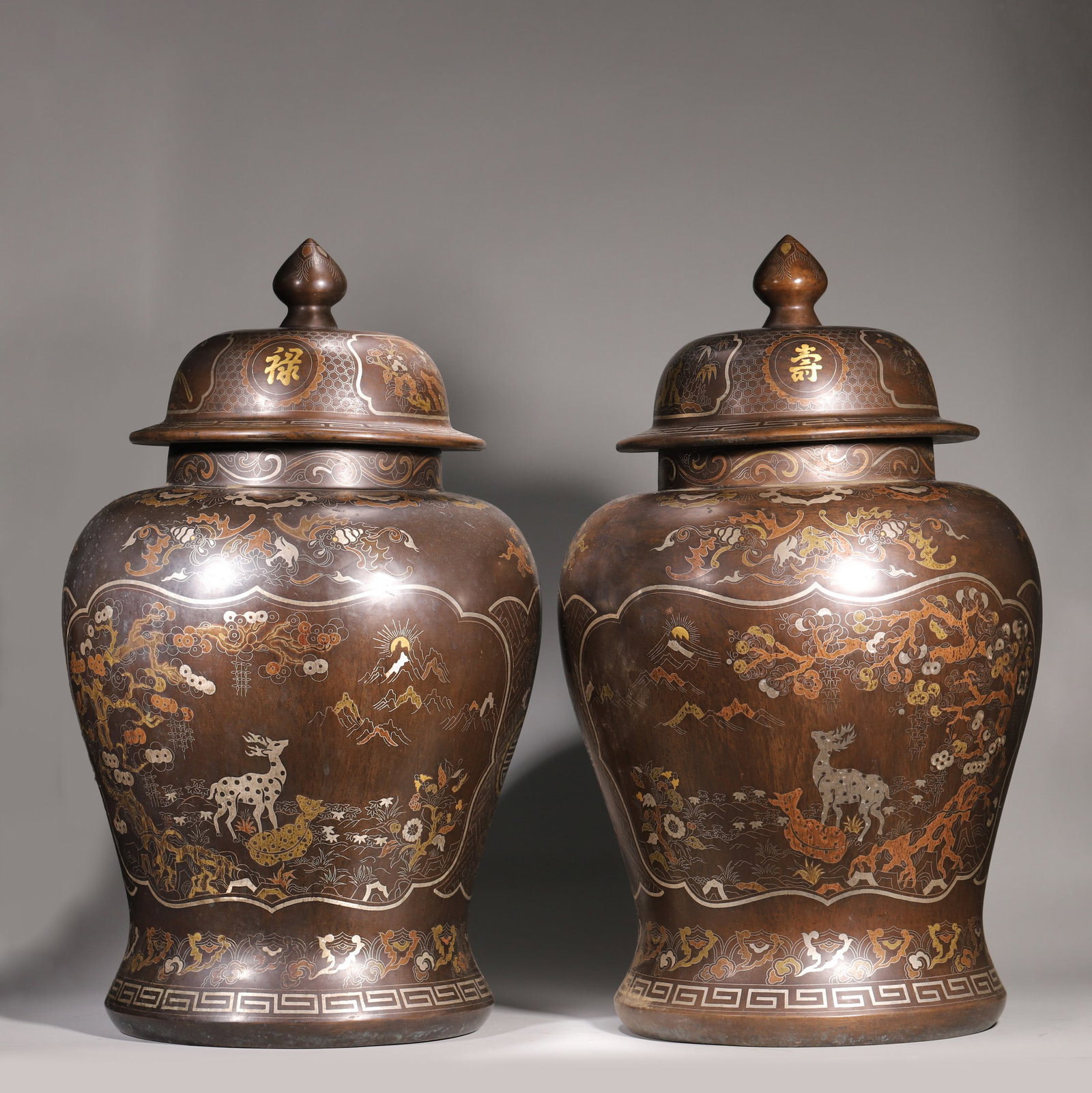 PAIR OF BRONZE GENERAL JARS INLAID WITH GOLD, SILVER AND COPPER, FU LU SHOU MOTIFS, QING DYNASTY (1 of 12)