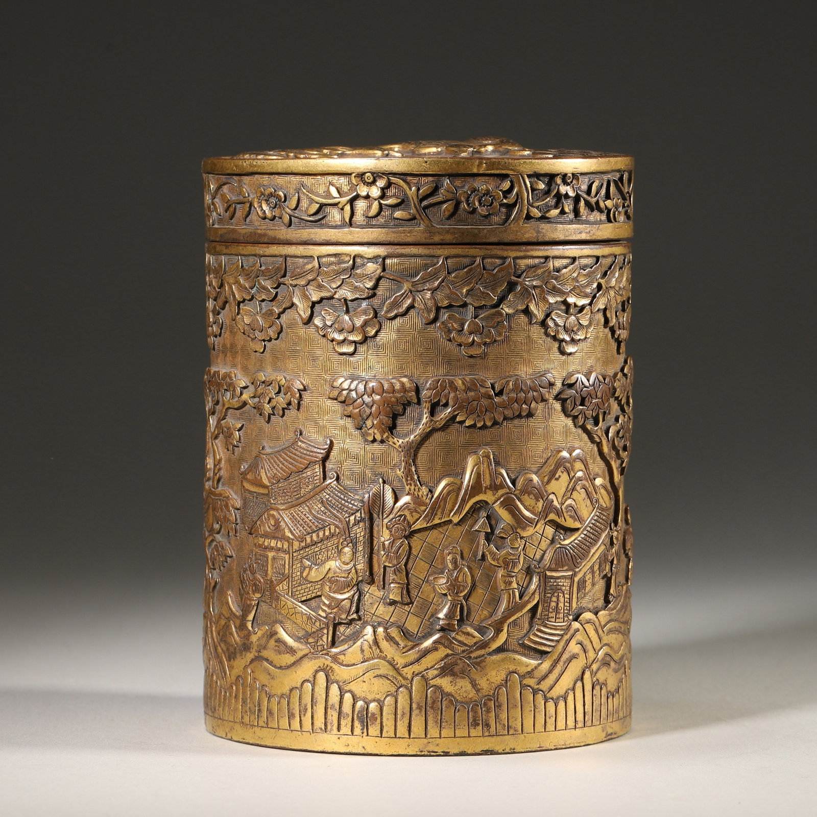 GILT BRONZE CYLINDRICAL COVERED VESSEL WITH CONTINUOUS COURTYARD FIGURAL SCENE, MARKED YUDING (1 of 7)