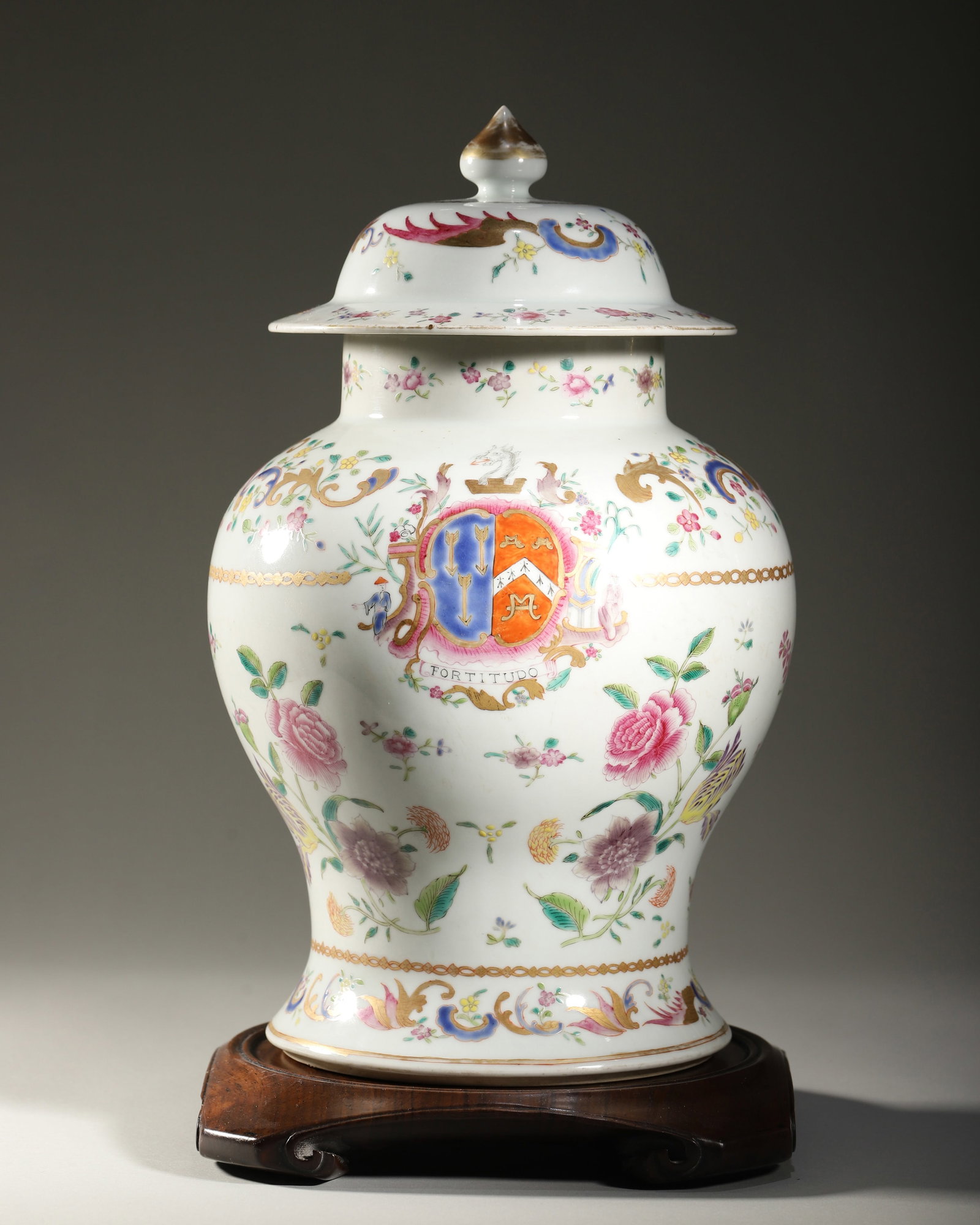 MID-LATE QING FAMILLE ROSE ARMORIAL PORCELAIN GENERAL JAR WITH COVER, JINGDEZHEN EXPORT WARE, (1 of 9)