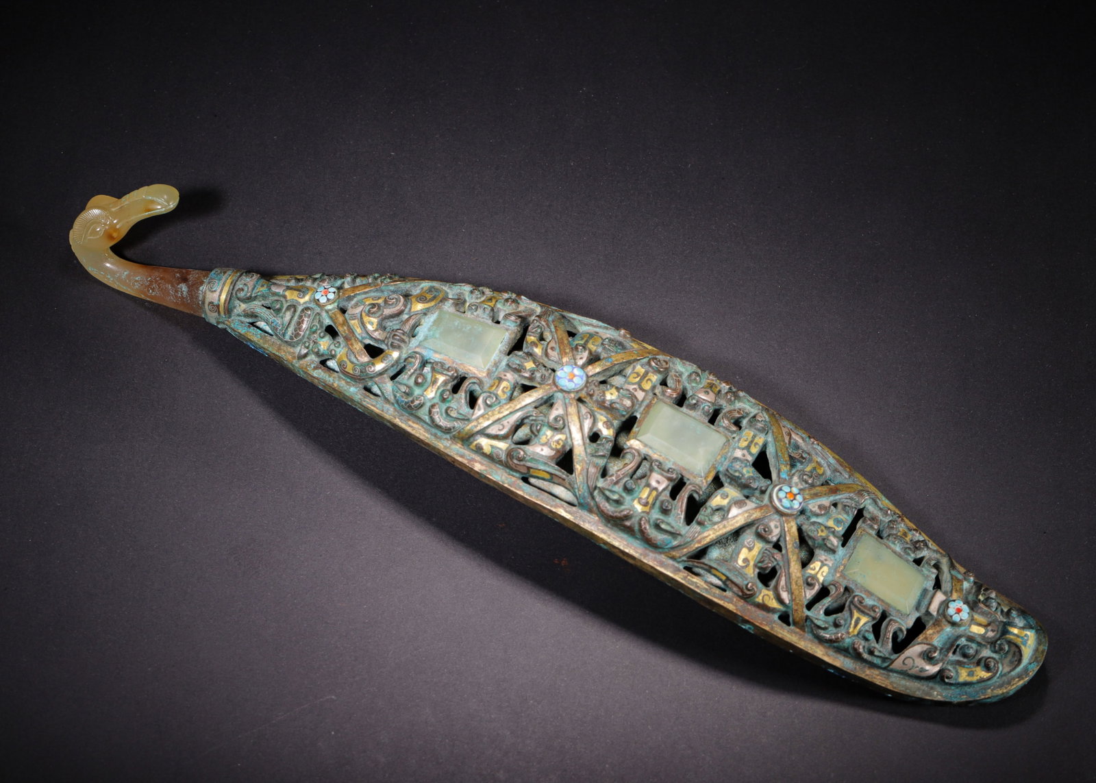 LARGE OPENWORK BRONZE BELT HOOK WITH GOLD & SILVER INLAY, JADE AND ENAMEL, WARRING STATES PERIOD (1 of 10)