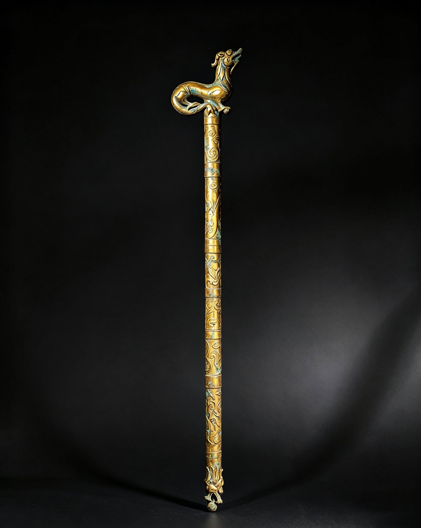 GILT BRONZE DRAGON CANE (HAN DYNASTY, 202 BC-220 AD)