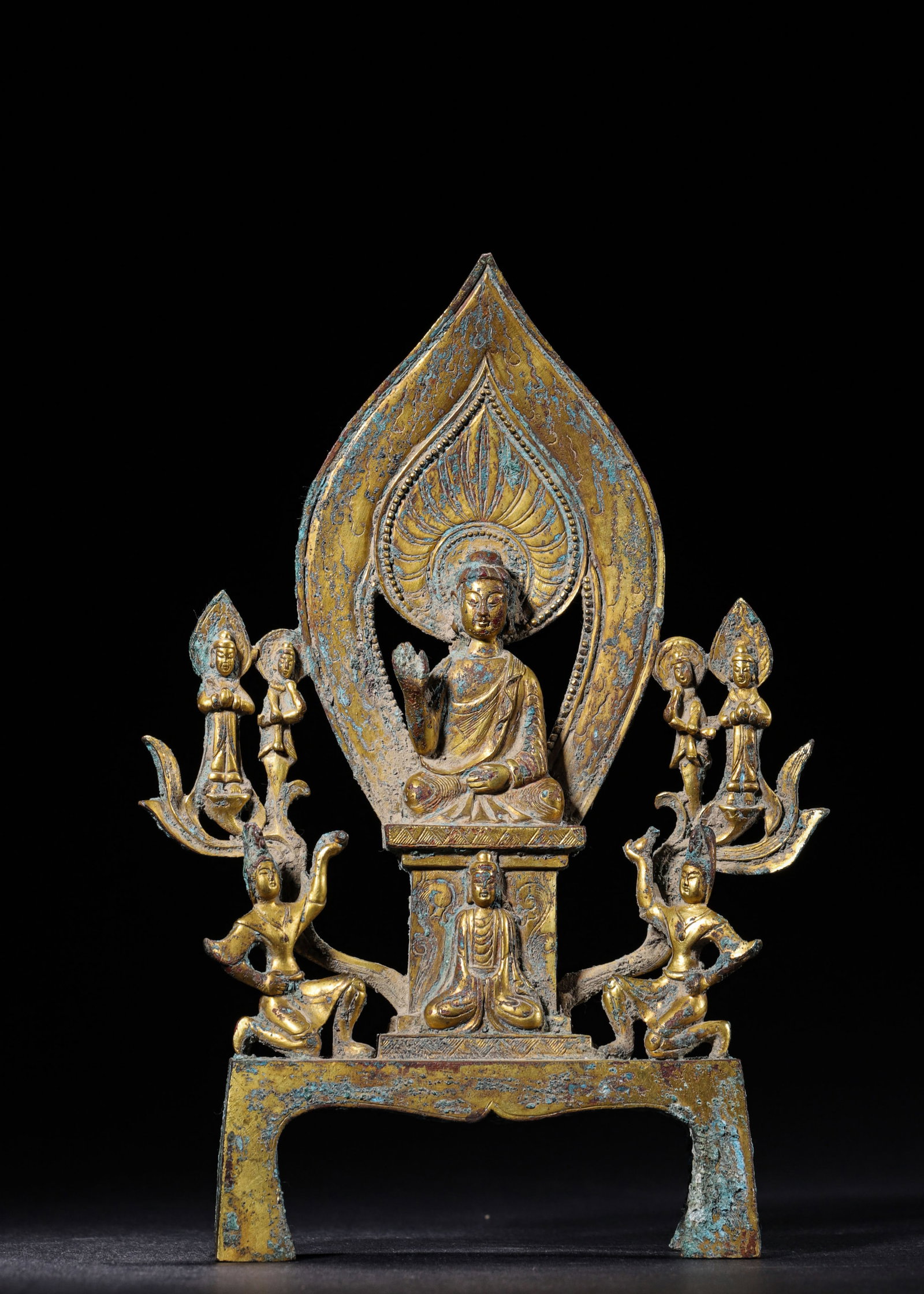 GILT BRONZE BUDDHIST GROUP WITH CENTRAL BUDDHA, ATTENDANTS AND APSARAS, WEI-JIN PERIOD (220-420 AD) (1 of 11)