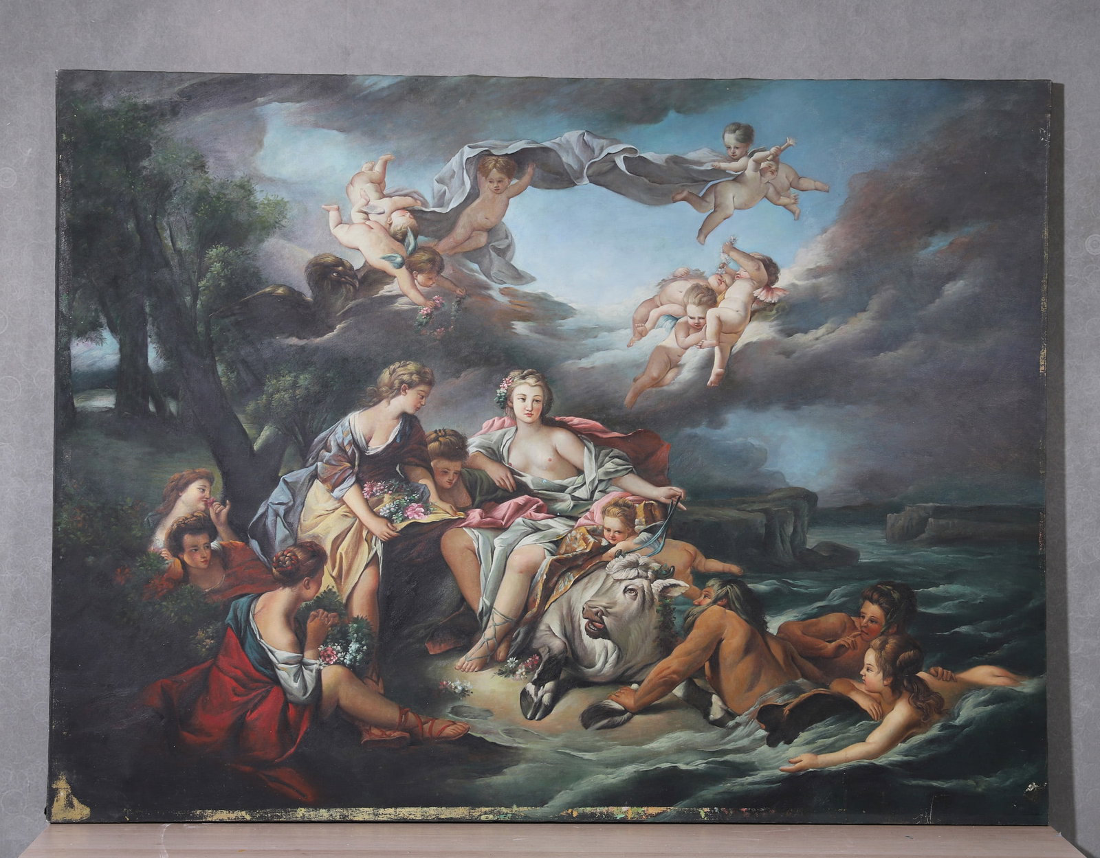 THE RAPE OF EUROPA: H 120.0cm (47.24 in); W 90.0cm (35.43 in),The work retains original canvas and period frame with natural signs of age. The painting surface is clean and stable, without visible tear, hole, heavy craqu