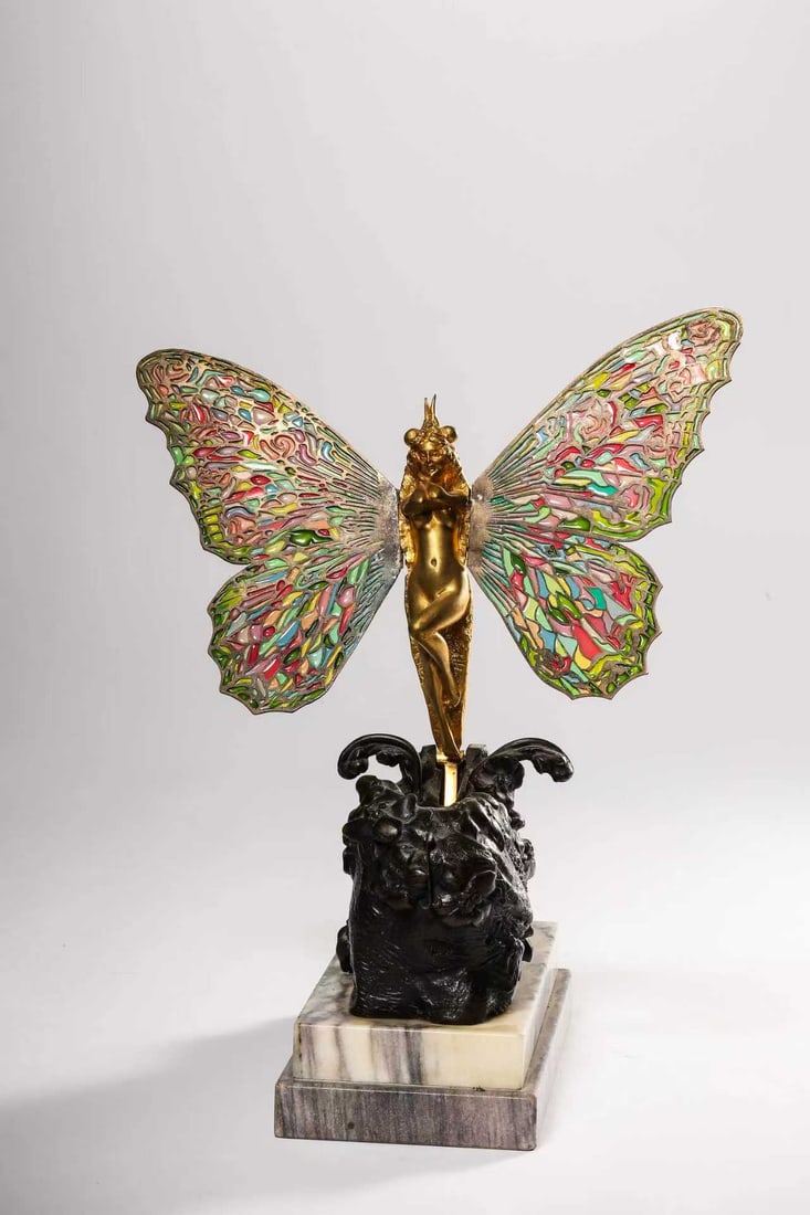 CARL KAUBA, EARLY 20TH C ART NOUVEAU GILT-BRONZE & PLIQUE-a-JOUR ENAMEL BUTTERFLY SCULPTURE (1 of 11)