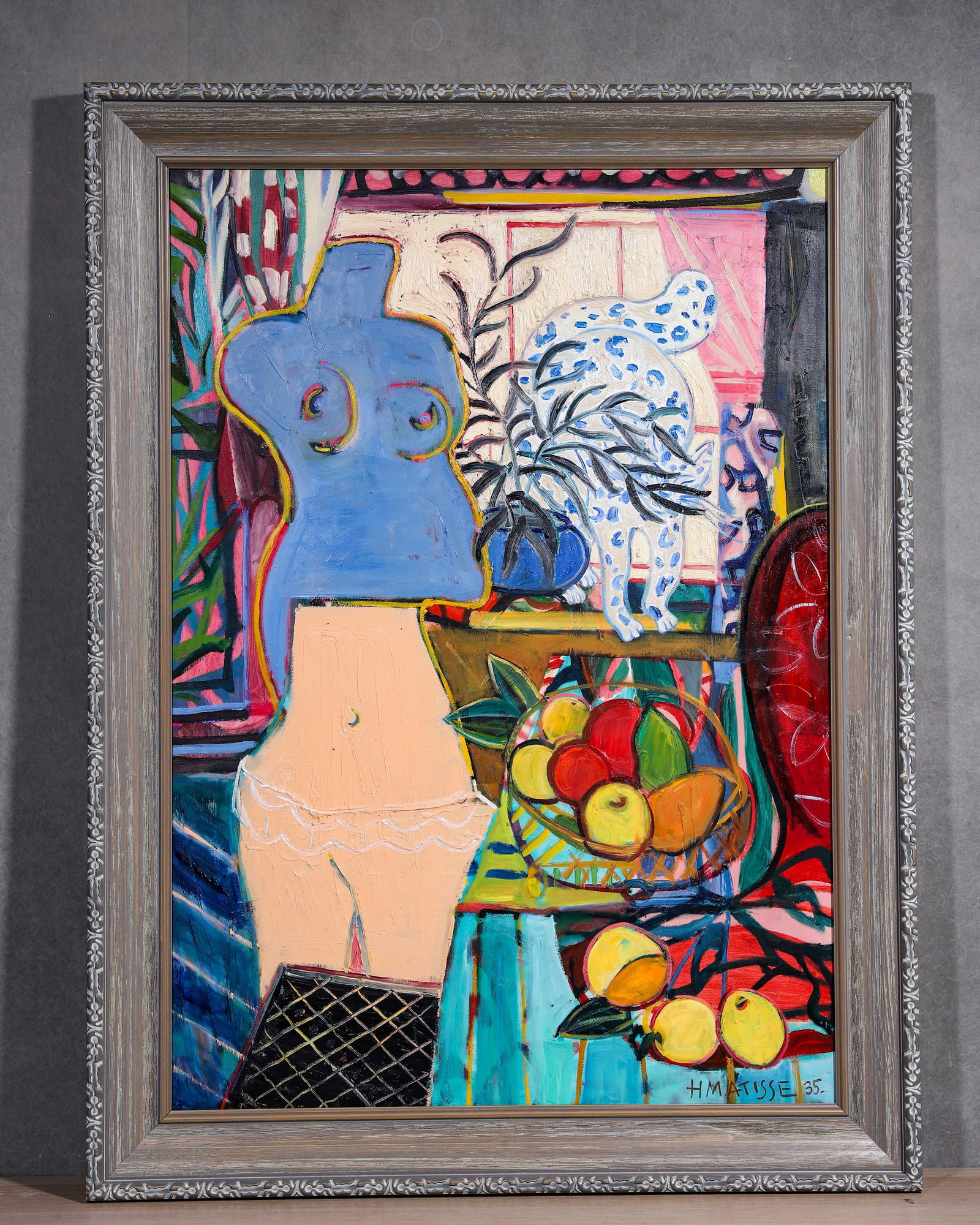 HENRI MATISSE (1869?C1954), FRENCH,OIL ON CANVAS, ORIGINAL VINTAGE WOOD MOSAIC FRAME,ATTRIBUTED TO: Frame:106 x 79 cm (41.73 x 31.10 inches)Image:90 x 63 cm (35.43 x 24.80 inches),The work retains original canvas and period frame with natural signs of age. The painting surface is clean and stable, w