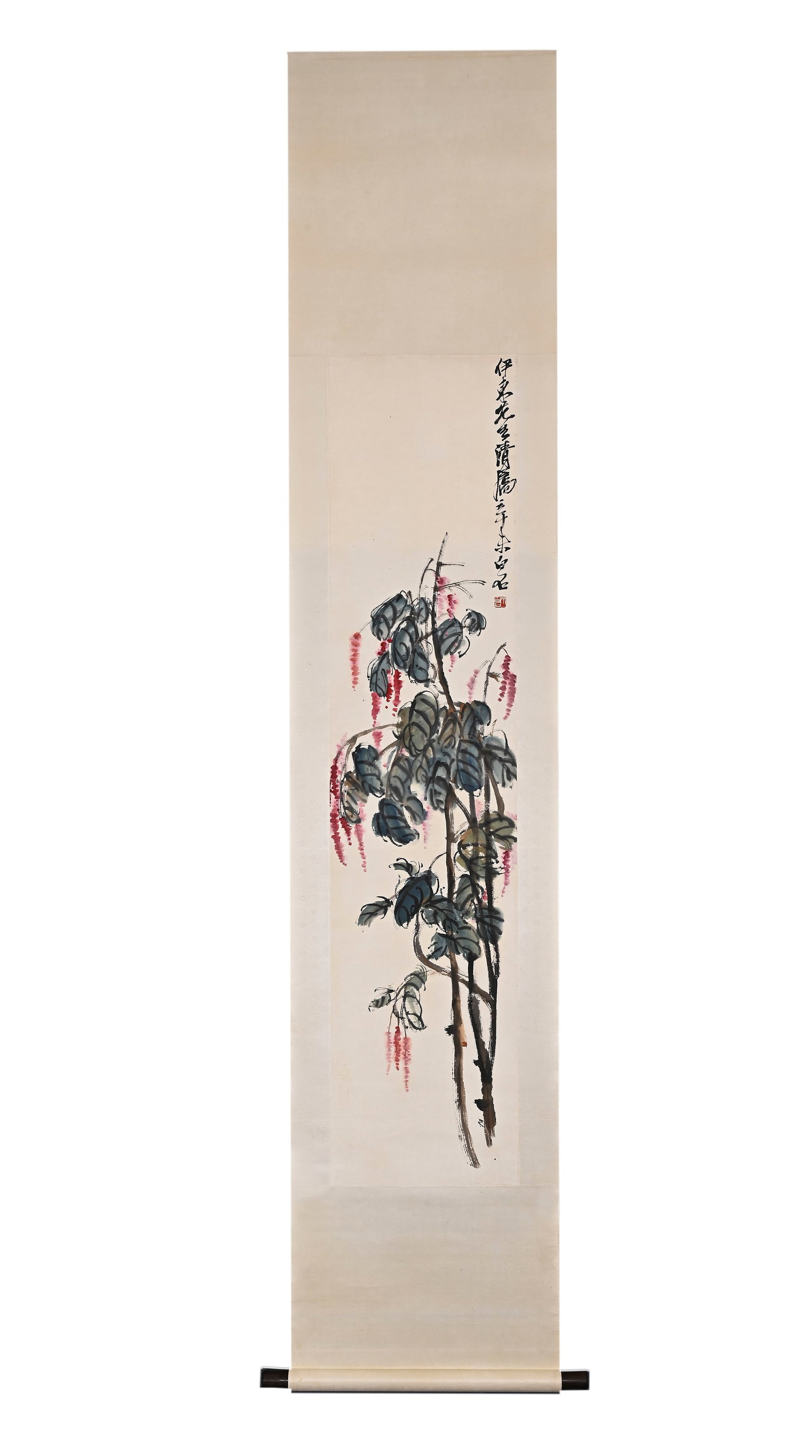 HANGING SCROLL OF RED SMARTWEED, QI BAISHI: Image H 160cm (62.99 in); Image W 35cm (13.78 in),Hanging scroll, colour and ink on paper, depicting red smartweed. Upright stalks support lush ink-washed leaves, clusters of blossoms rendered in pale