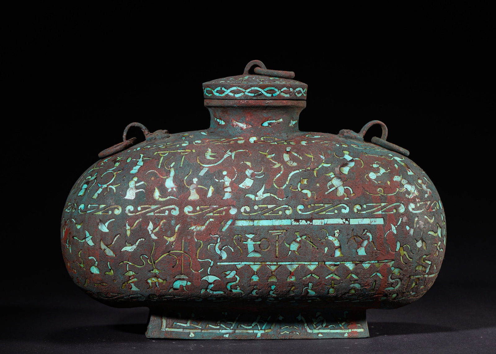 BRONZE FLATTENED HU VESSEL INLAID WITH TURQUOISE, FEASTING, HUNTING AND FISHING MOTIFS, WARRING (1 of 10)