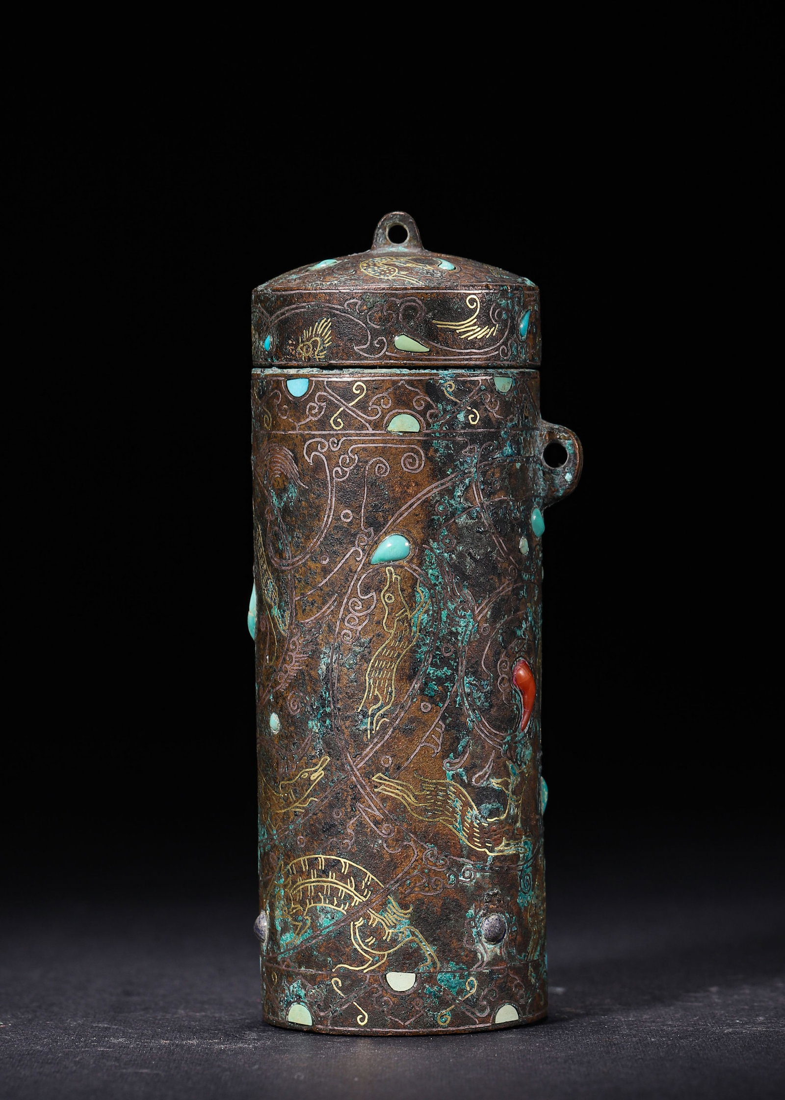BRONZE CYLINDRICAL LIDDED VESSEL INLAID WITH GOLD, SILVER, TURQUOISE AND AGATE, HAN DYNASTY (202 (1 of 9)