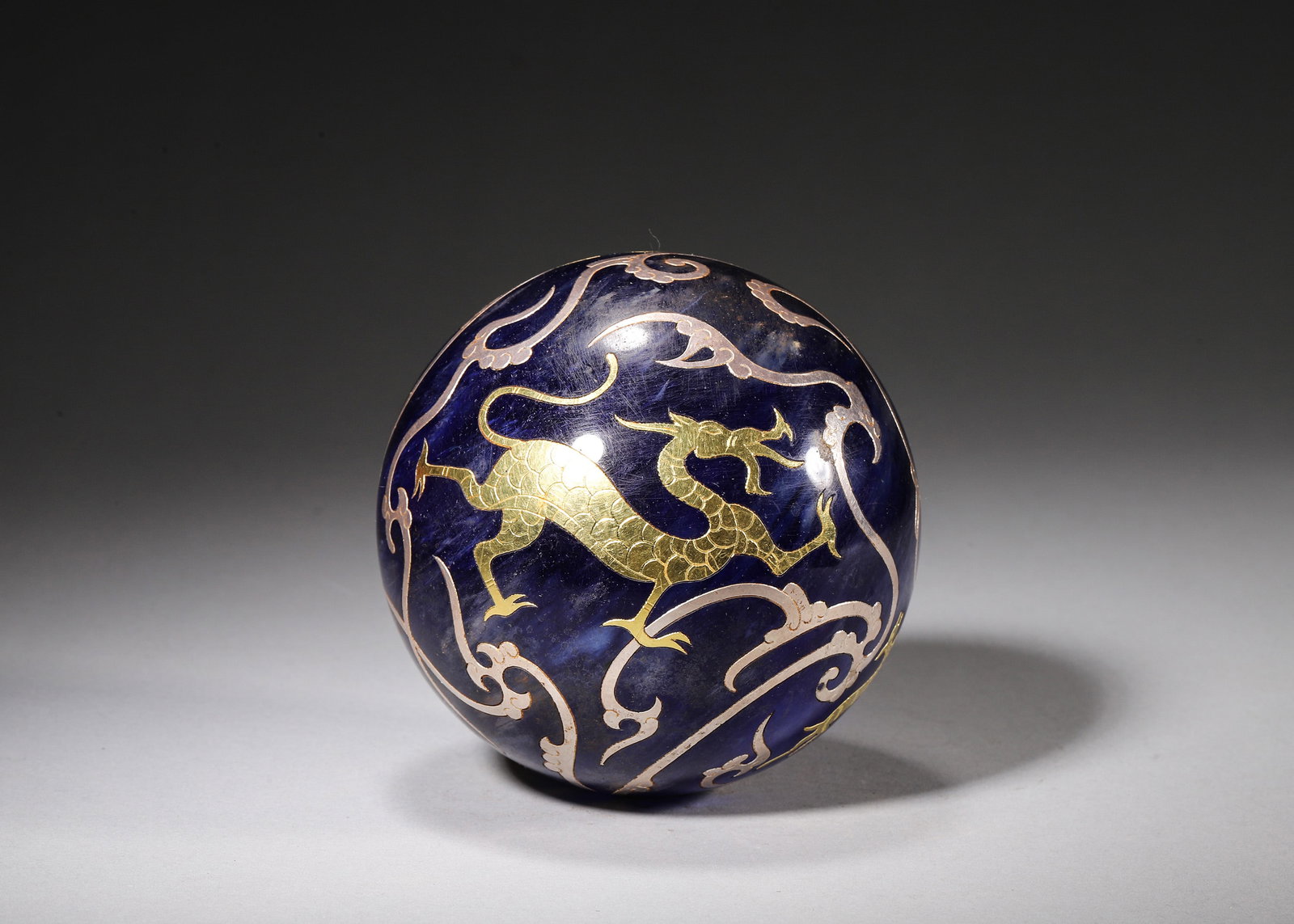 GOLD & SILVER INLAID BLUE GLASS SPHERE WITH AUSPICIOUS BEASTS AND CLOUD SCROLLS, HAN DYNASTY (202 (1 of 7)