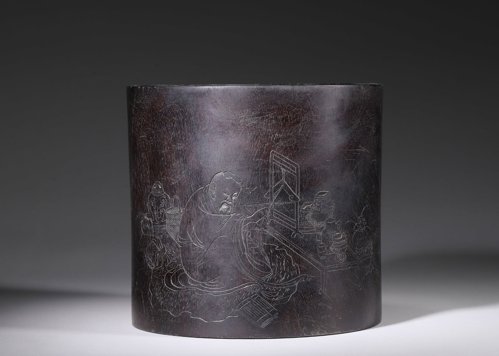 MING DYNASTY ZITAN BRUSH POT WITH INCIDED SCHOLAR WASHING INK SCENE & POEM, DATED JIAJING, SIGNED: H 18.00cm (7.09 in); D 19.00cm (7.48 in); Wt 1939.00g (4.27 lb),Turned from single zitan log with dense wood grain and age scratches. One side finely incised with a scholar washing ink beside antique 