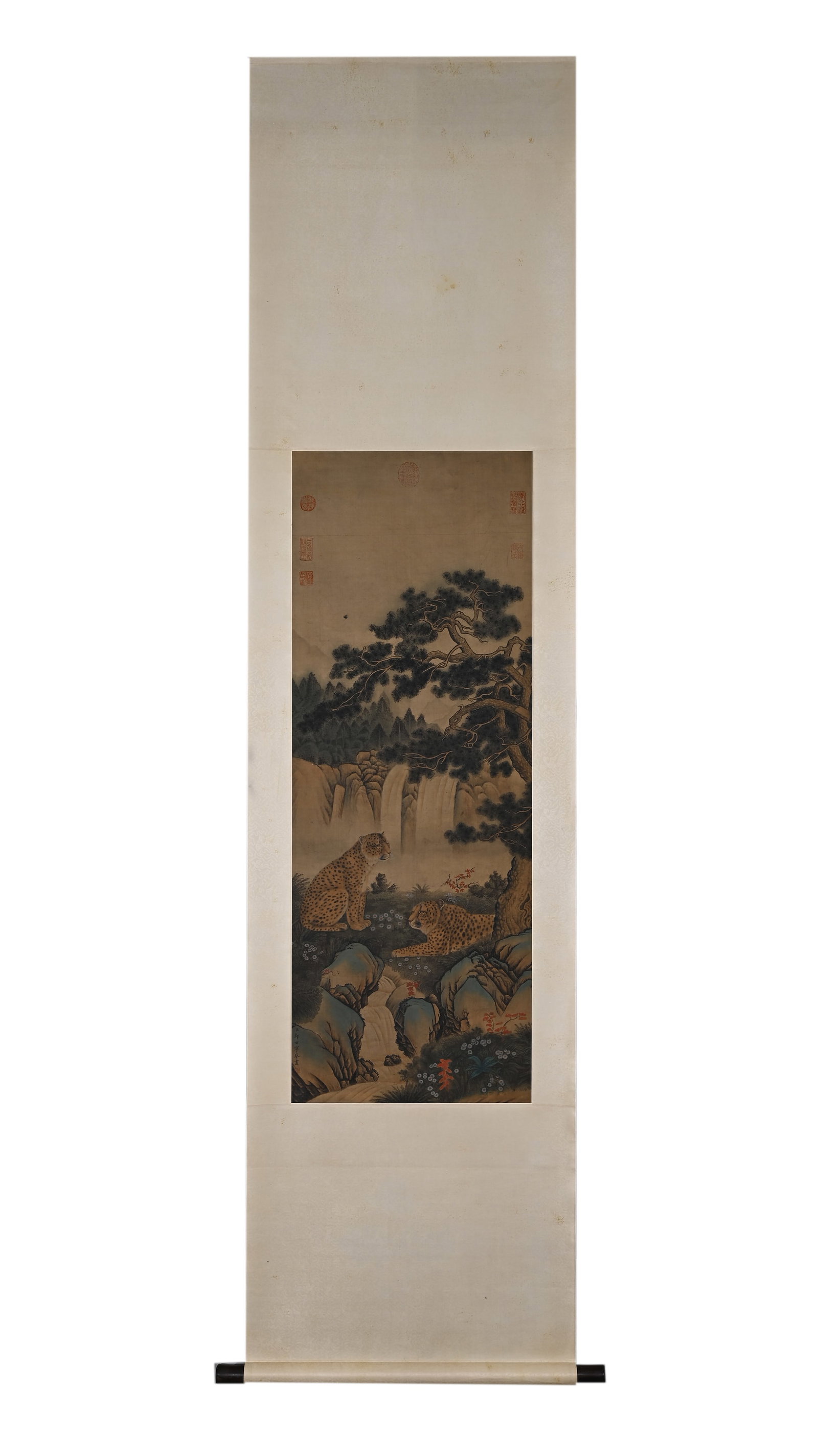 HANGING SCROLL OF TWO LEOPARDS, BY GIUSEPPE CASTIGLIONE, QING DYNASTY (1644-1912 AD): Image H 114cm (44.88 in); Image W 36cm (14.17 in),Colour on silk hanging scroll, inscribed "Painted respectfully by Minister Giuseppe Castiglione". Depicts two leopards, one seated and one recumbent, 