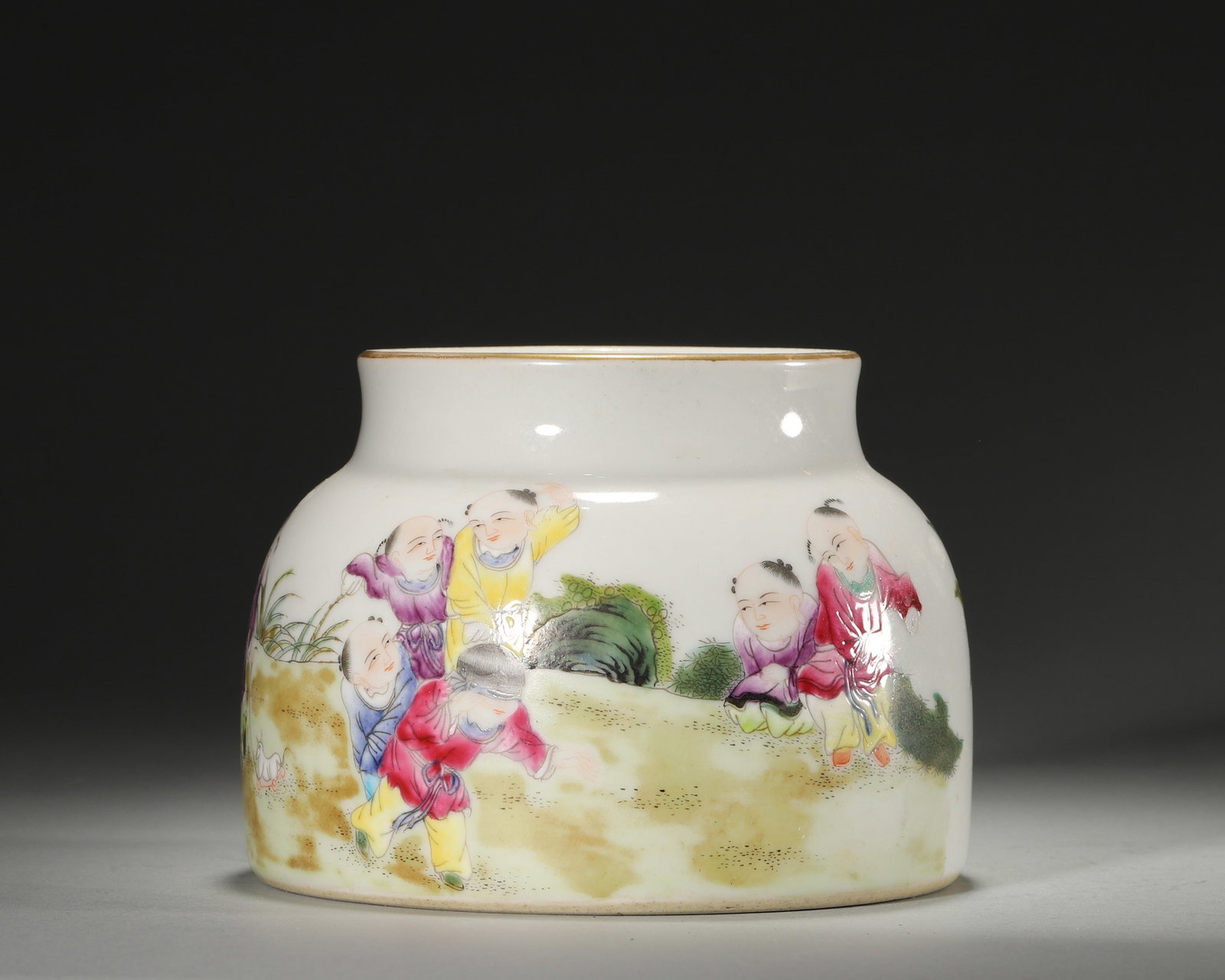 FAMILLE ROSE HORSE-HOOF VASE WITH BOYS AT PLAY, QIANLONG PERIOD, QING DYNASTY (1736-1795 AD) (1 of 6)
