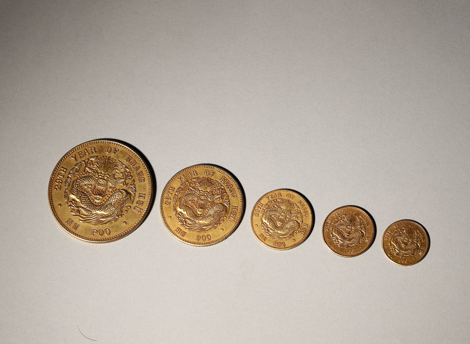 SET OF FIVE GOLD COINS, KUANG-HS?? YUAN PAO, HU POO, 29TH YEAR OF KUANG-HS??, QING DYNASTY (1 of 12)