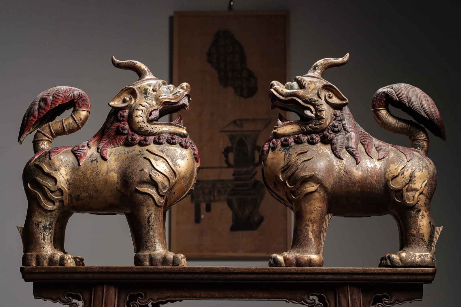 A PAIR OF GILT LACQUERED BRONZE DITING MYTHICAL BEASTS, QING DYNASTY (1644-1912 AD) (1 of 10)