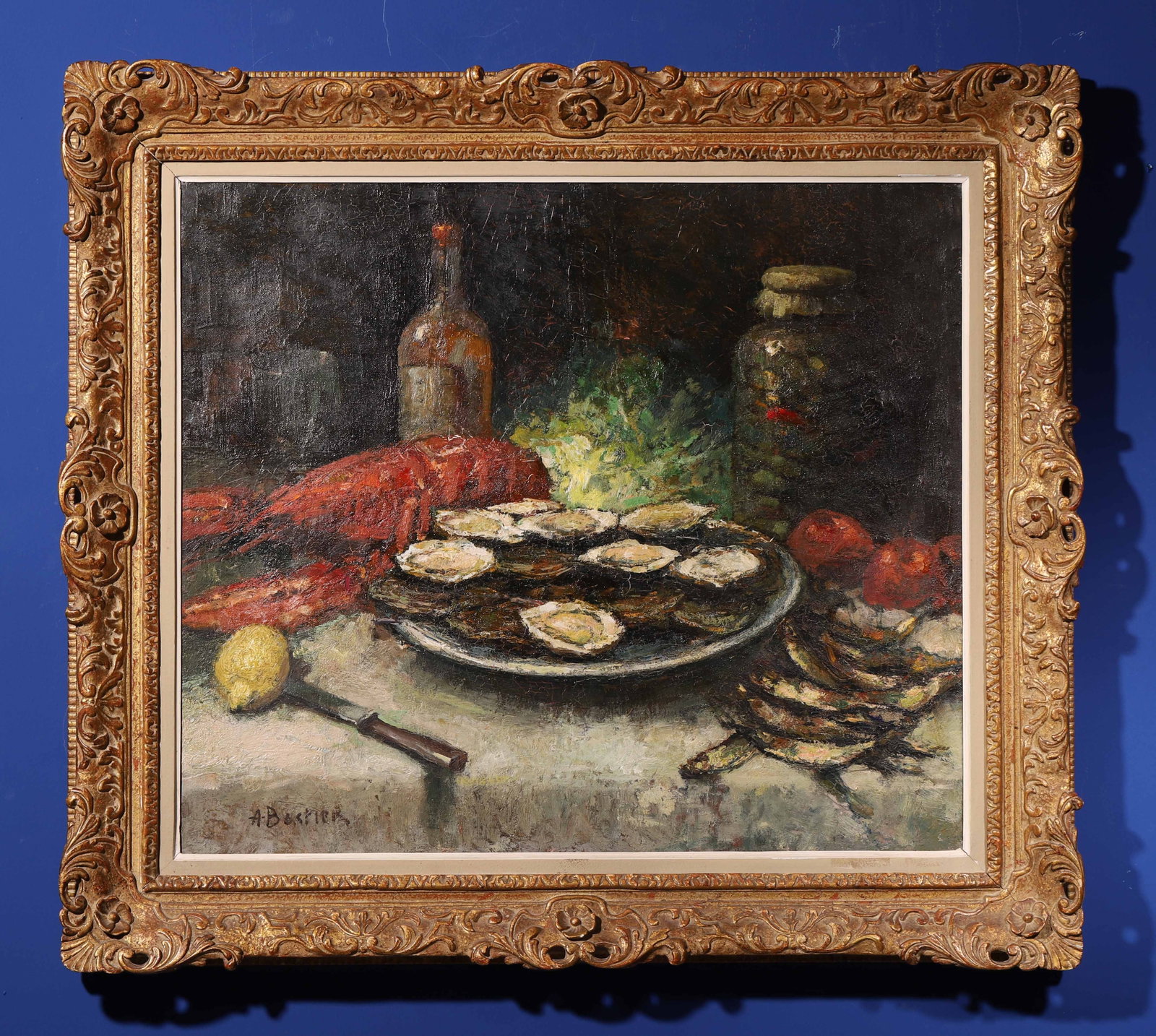 OIL ON CANVAS, STILL LIFE WITH OYSTERS AND LOBSTER BY ALFRED BASTIEN, RENOWNED BELGIAN ACADEMIC (1 of 8)