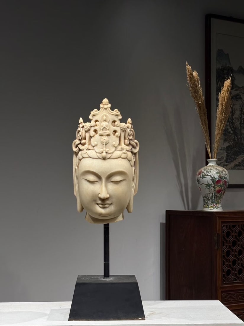 WHITE MARBLE HEAD OF GUANYIN, TANG DYNASTY, 618?C907 AD (1 of 7)