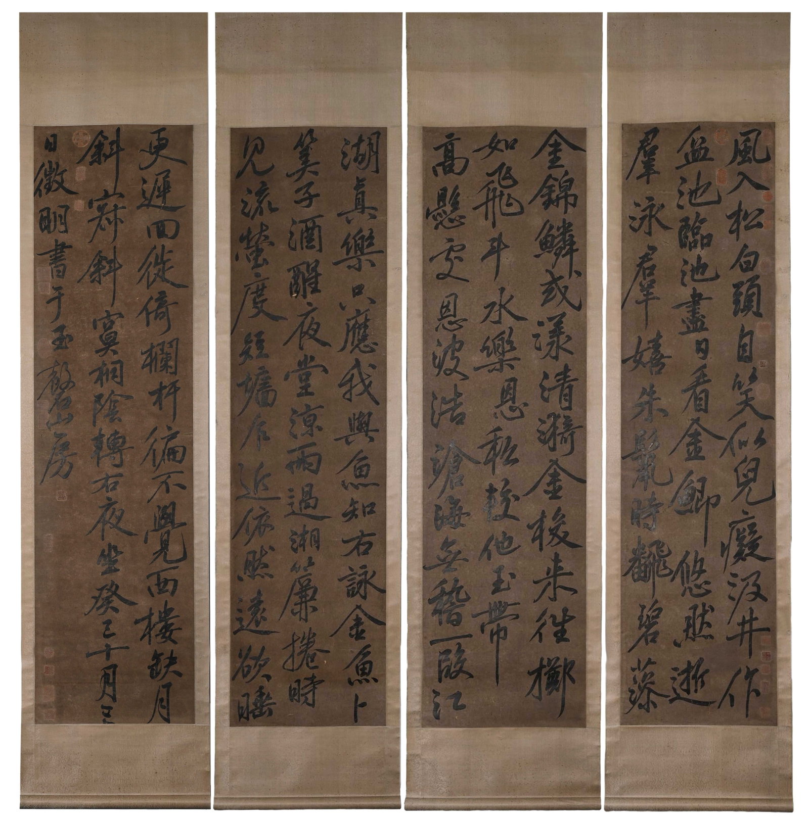 FOUR HANGING SCROLLS OF RUNNING SCRIPT CALLIGRAPHY, POEMS BY WEN ZHENGMING, MING DYNASTY (1368-1644: Image H 178cm (70.079 in); Image W 45cm (17.72 in),Four hanging scrolls, ink on silk. Contains self-composed ci poems including Wind through Pines. Dated Guiwei, inscribed at Yujing Mountain Studio. E
