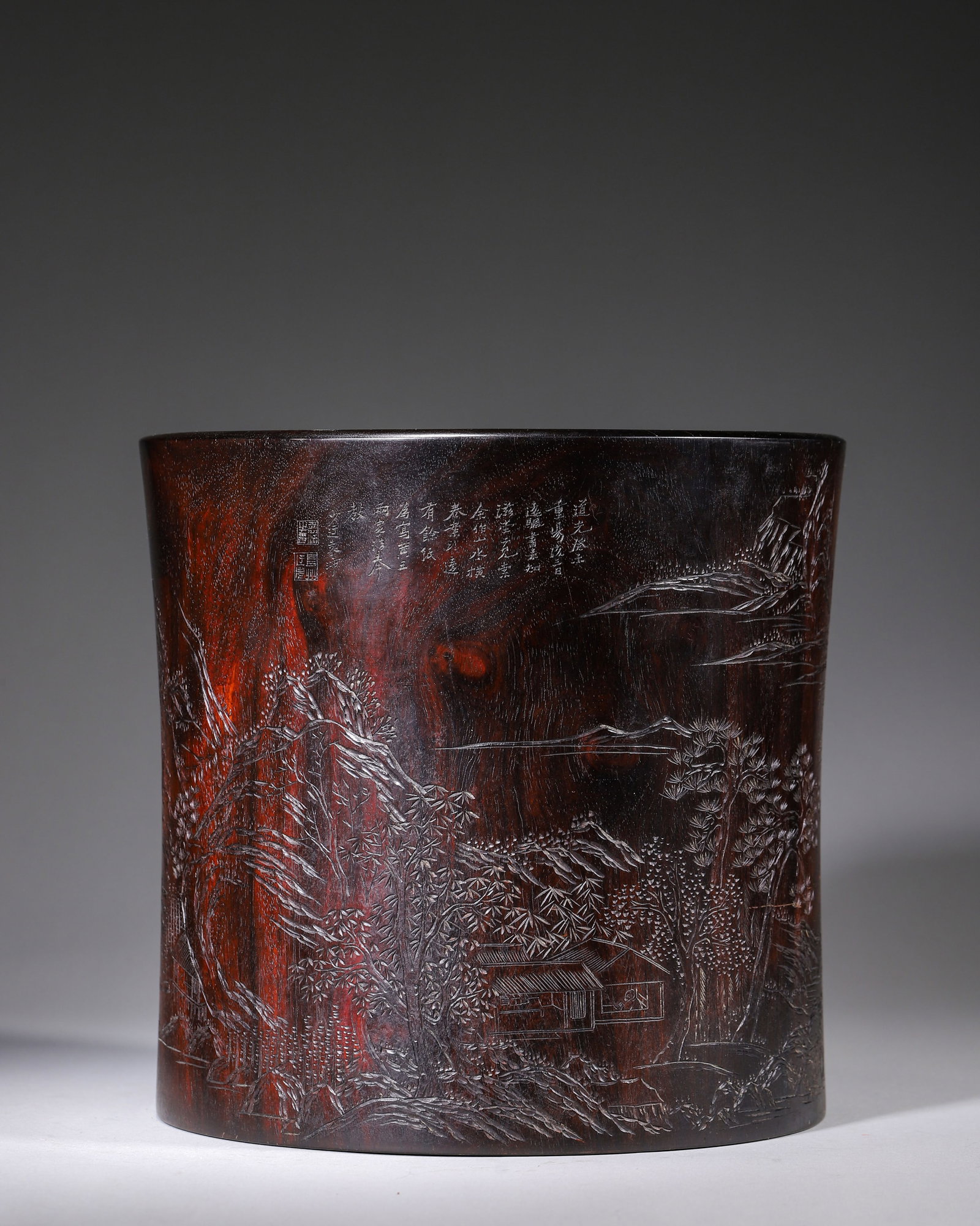 ZITAN BRUSH POT WITH SHALLOW ENGRAVED LANDSCAPES & POETIC INSCRIPTION, DAOGUANG PERIOD, QING DYNASTY (1 of 9)