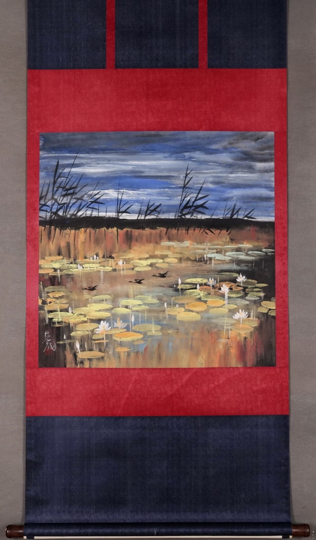 LIN FENGMIAN (1900-1991), LOTUS POND WITH REEDS AND WILD GEESE, HANGING SCROLL, MODERN PERIOD: Image L 67cm (26.38 in) x Image W 68cm (26.77 in),The work depicts a lotus pond at dusk, with reeds swaying in wind, lily pads spread across water dotted with white lotus blooms, and wild geese skimmi