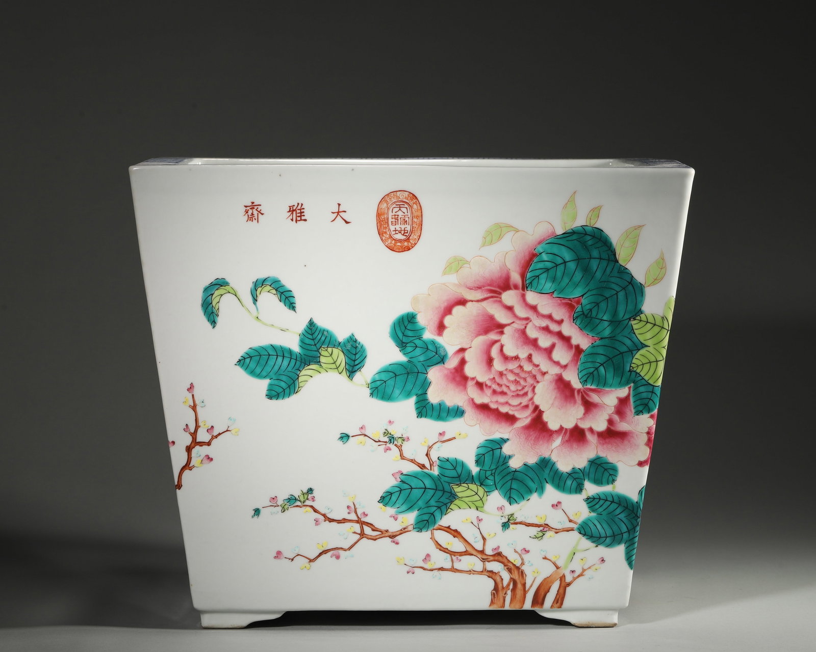 FAMILLE ROSE SQUARE FLOWER POT WITH PEONY AND BIRD MOTIFS, DAYAZHAI MARK, QING DYNASTY (1644-1912: L 32cm (12.60 in); W 26.5cm (10.43 in); H 27cm (10.63 in); Wt 9322g (20.55 lb),Square tapered porcelain flower pot painted in famille rose on white ground. Four sides decorated with seasonal peony and