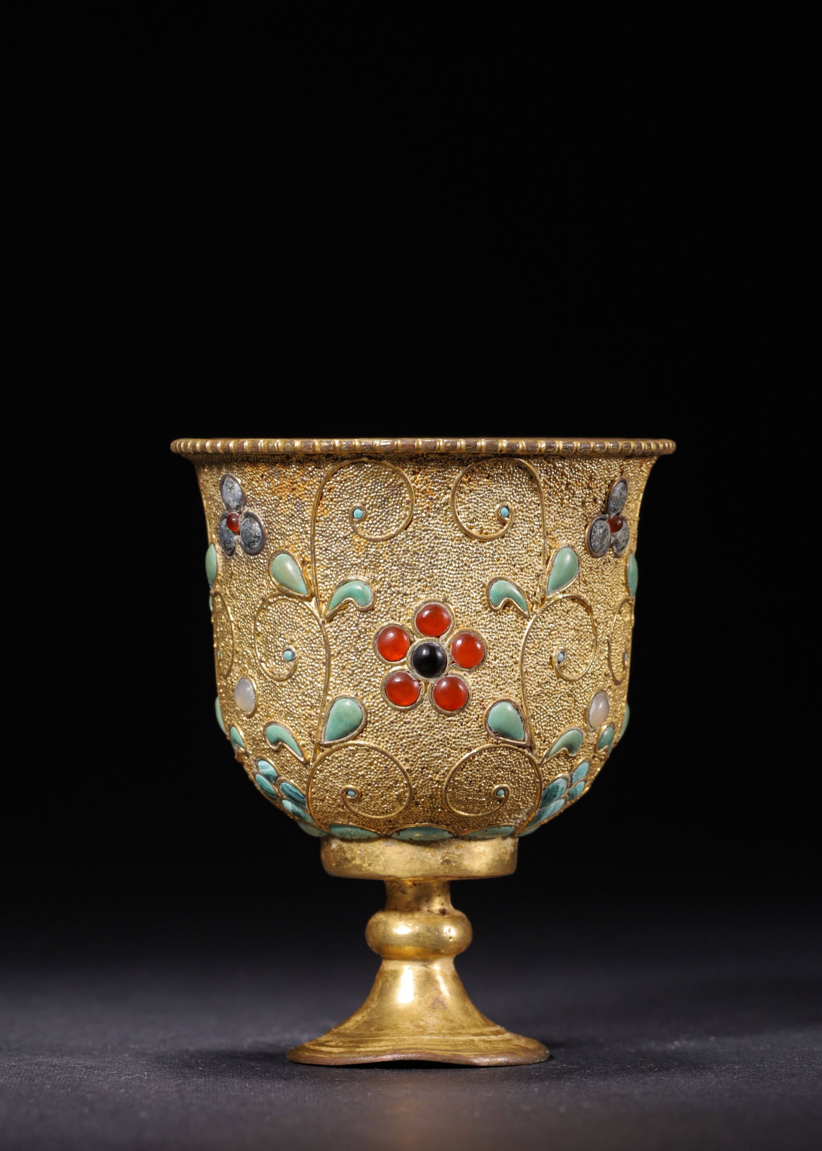 GILT COPPER GRANULATED STEMMED CUP INLAID WITH TURQUOISE AND GLASS, TANG DYNASTY (618?C907 AD) (1 of 7)