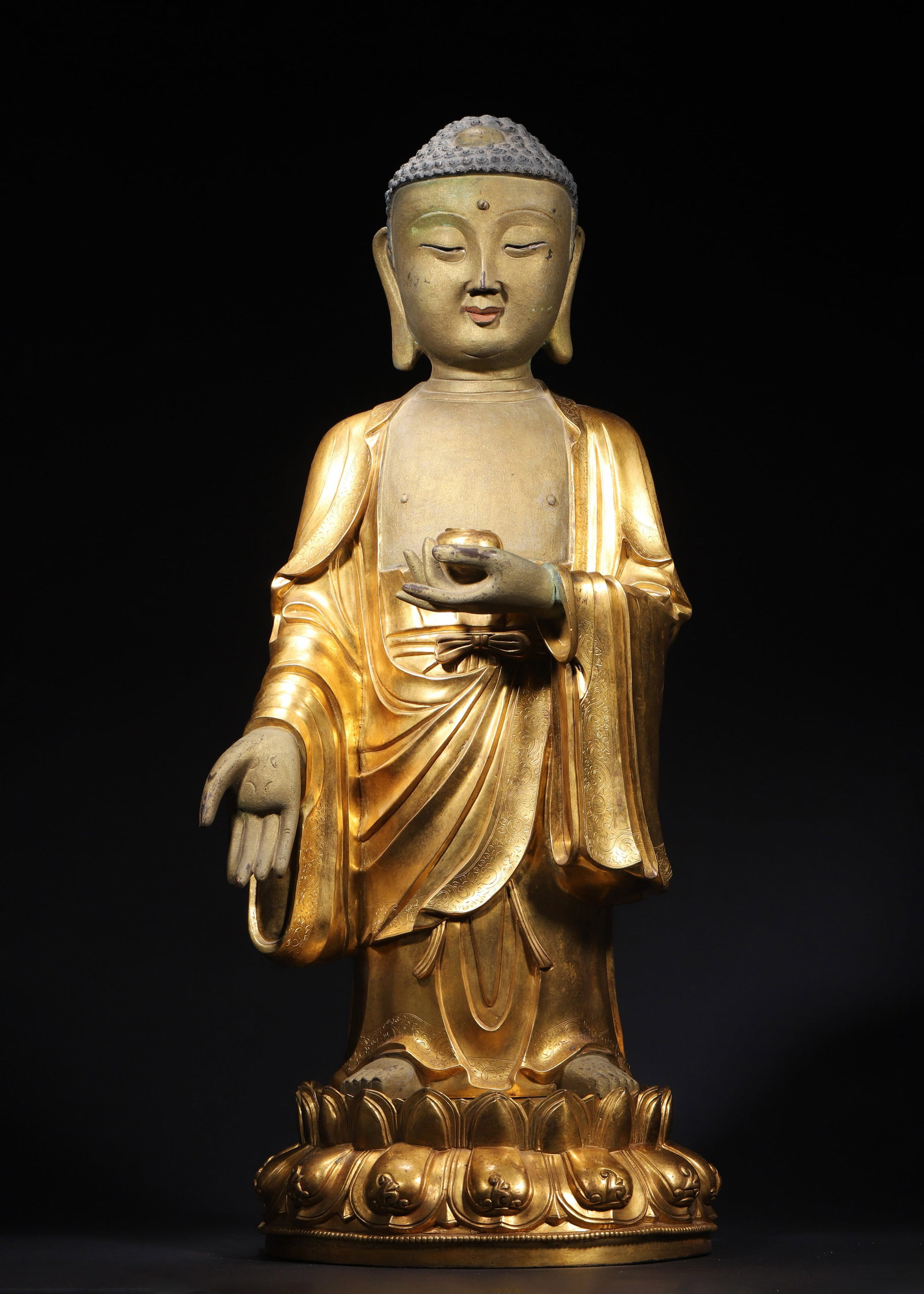 GILT BRONZE STANDING BHAISAJYAGURU BUDDHA (MING DYNASTY, 1368?C1644 AD) (1 of 15)