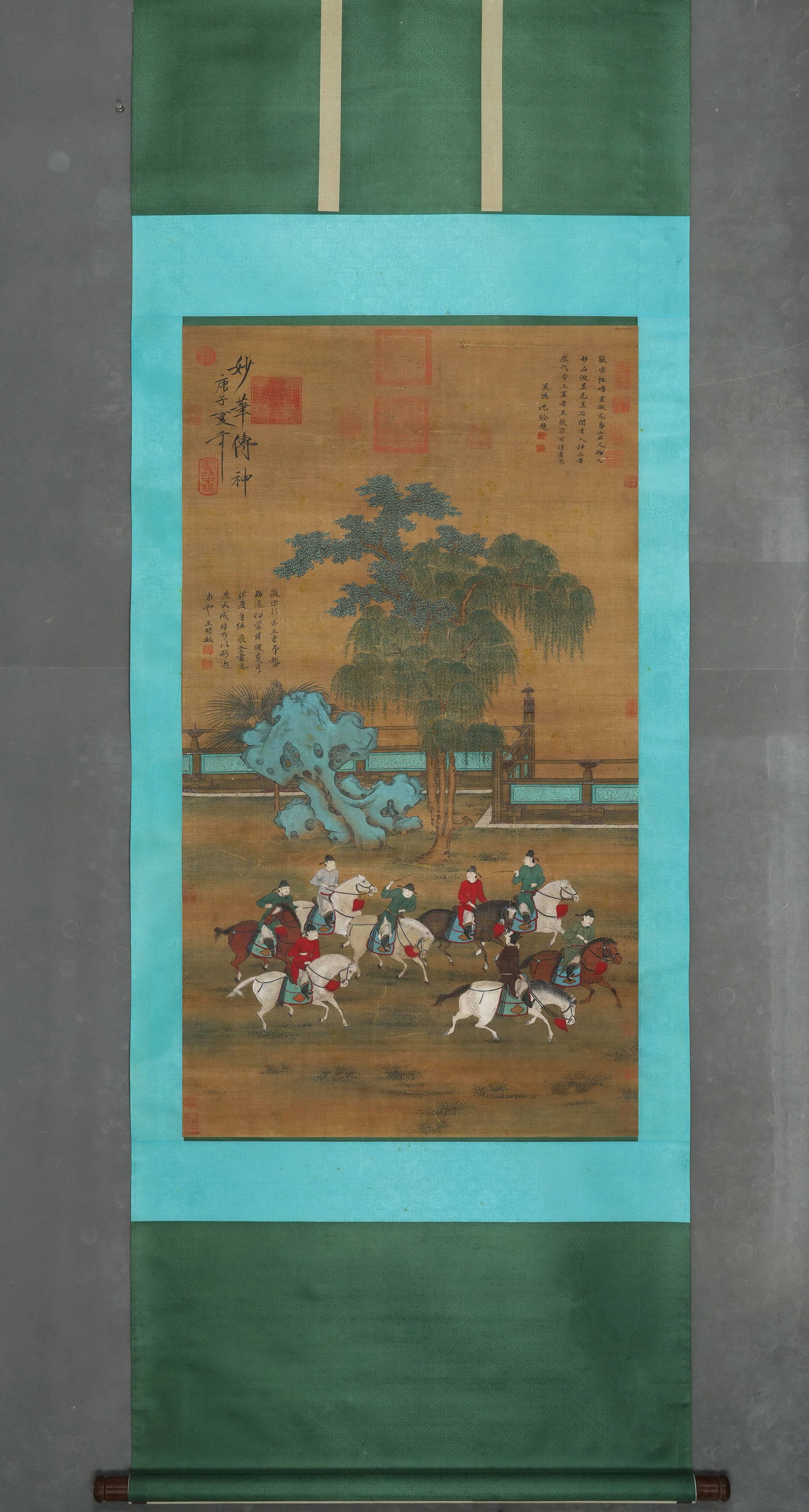 EMPEROR HUIZONG OF SONG (1082?C1135 AD), EIGHT HORSES SPRING OUTING, COLOUR ON SILK, HANGING SCROLL,: Image L 120cm (47.24 in) x Image W 67cm (26.38 in),Colour painting on silk depicting eight riders traversing an imperial garden. Meticulously rendered willows, scholar??s rock and balustrades; vivid f