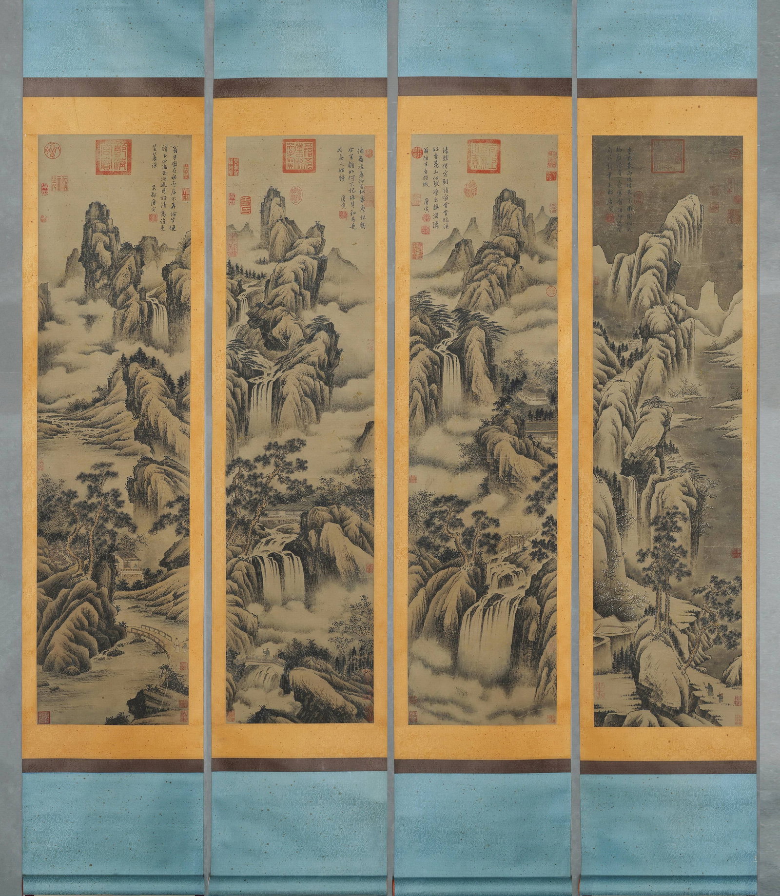 MING DYNASTY, TANG YIN, FOUR CONNECTING LANDSCAPE SCREENS, INK ON PAPER (1470-1524) (1 of 9)