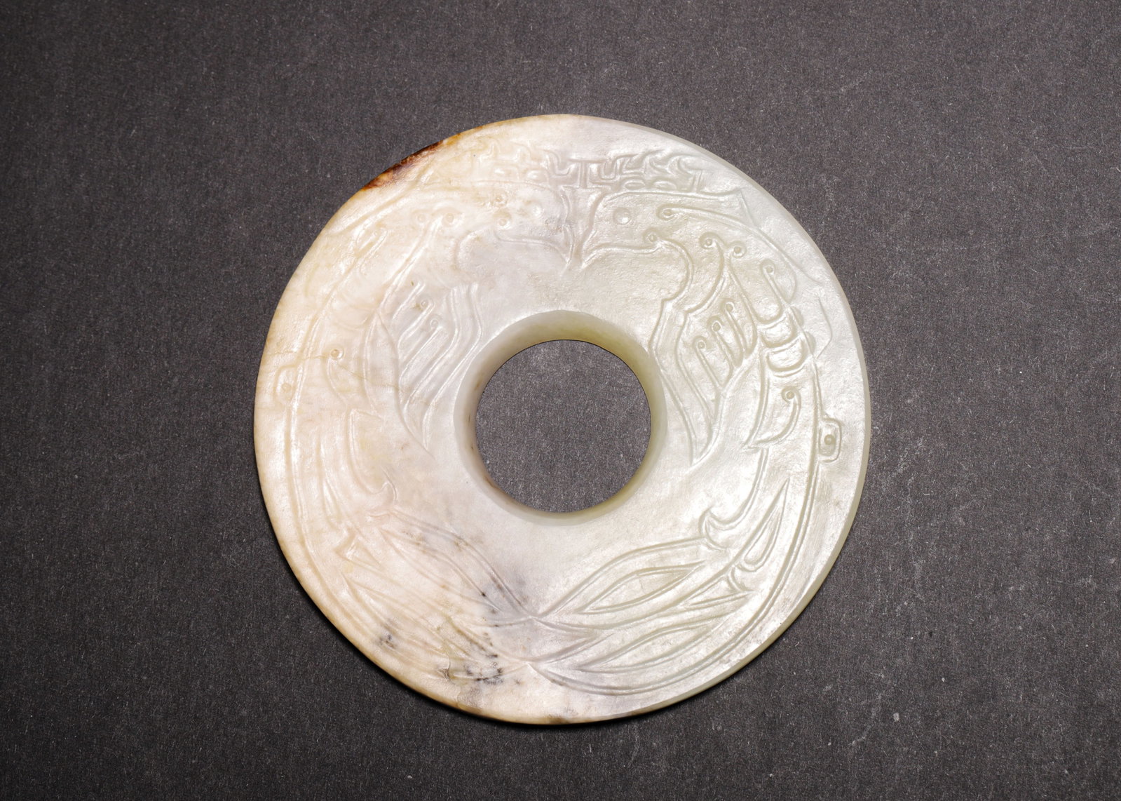 ARCHAIC WHITE JADE BI DISC WITH TWIN PHOENIXES, HAN DYNASTY (202 BC?C220 AD) (1 of 7)