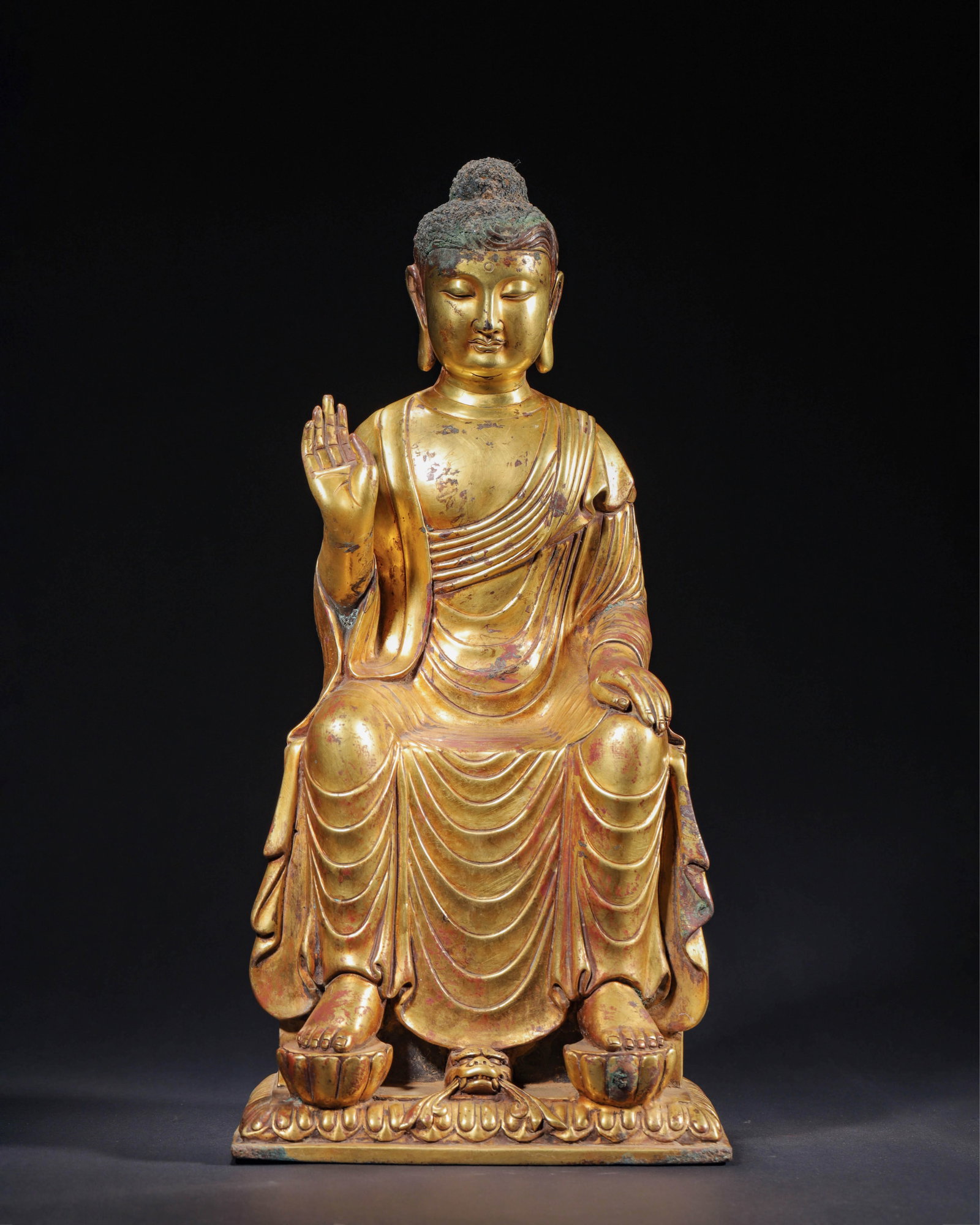 GILT BRONZE SEATED SHAKYAMUNI BUDDHA STATUE, TANG DYNASTY (618?C907 AD) (1 of 12)