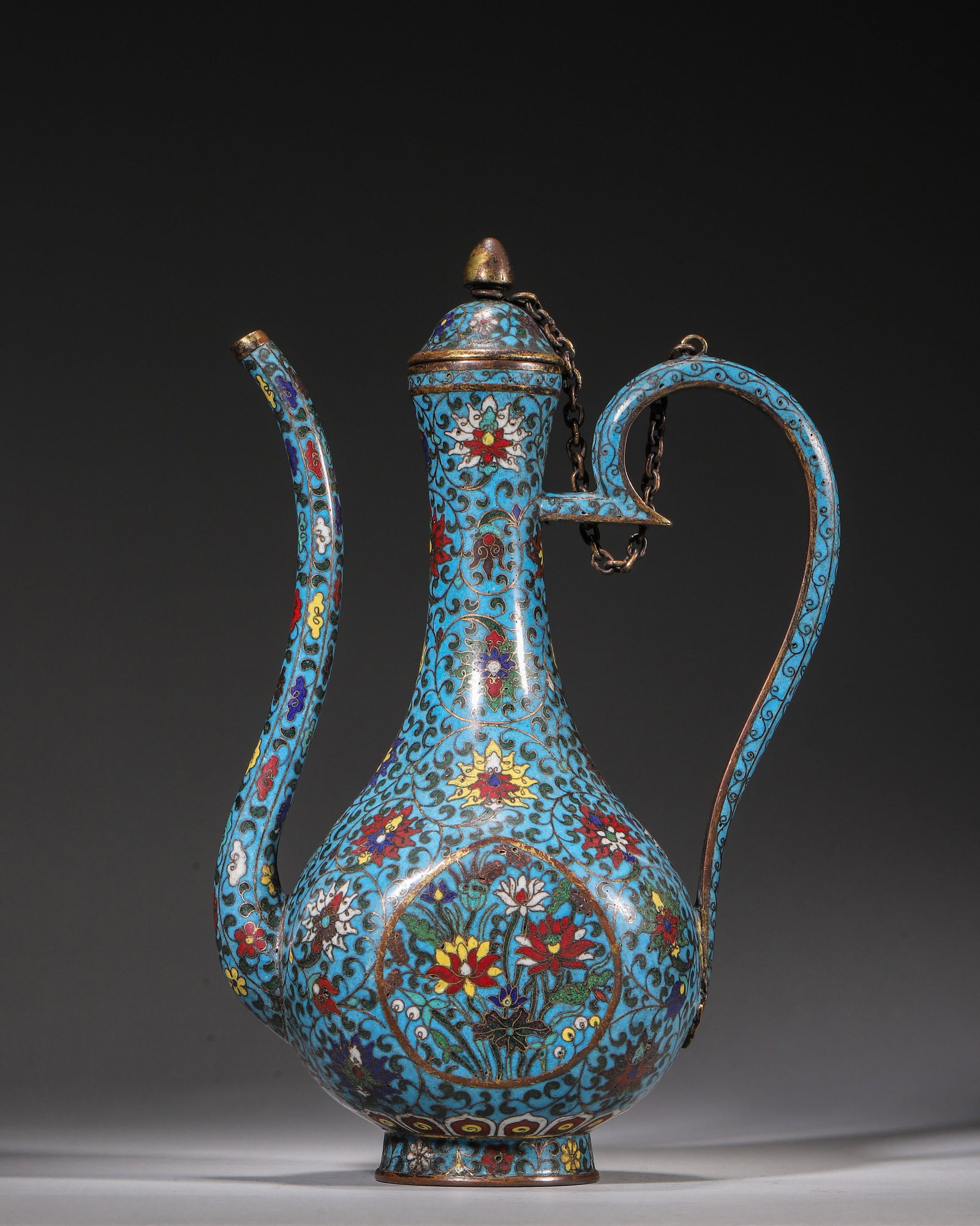 GILT COPPER-BODY CLOISONNE EWER WITH LOTUS FLOWER MOTIFS, MARKED DA MING JINGTAI NIAN ZHI (1 of 9)