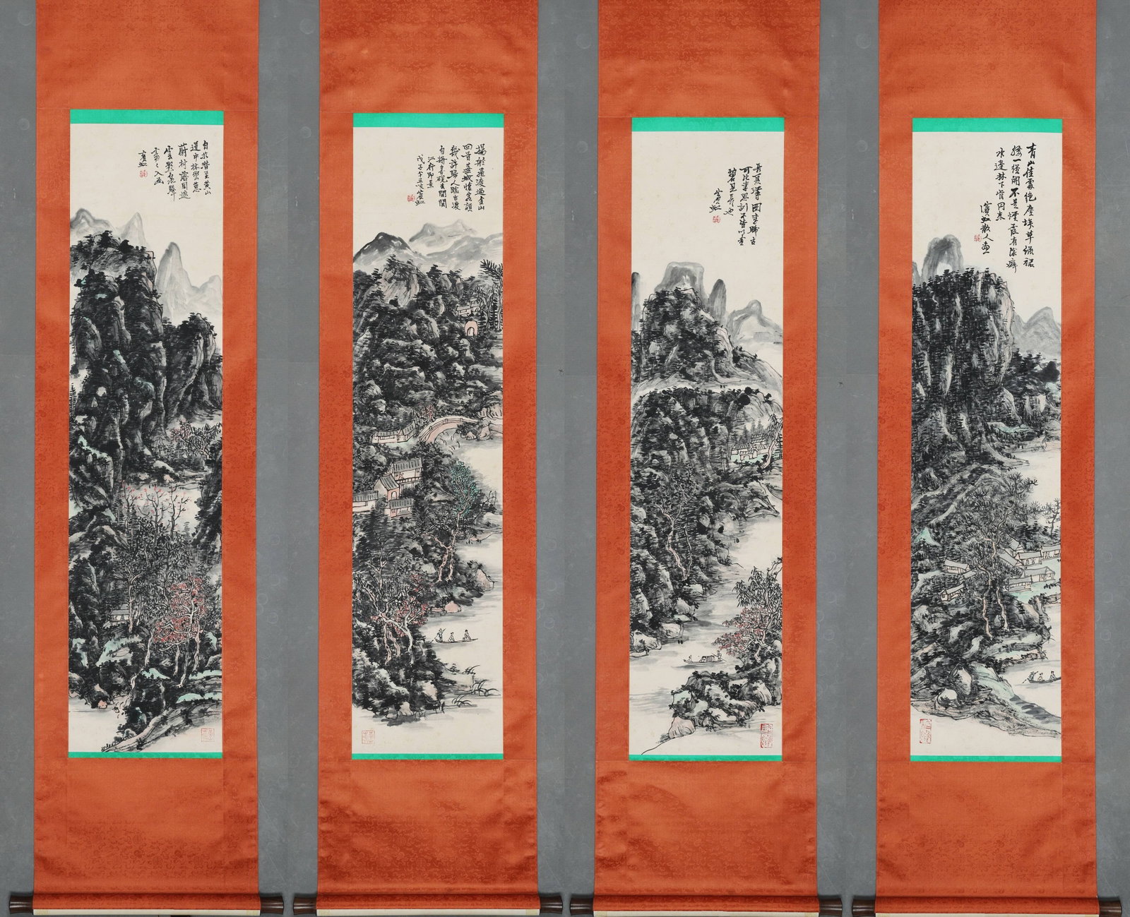HUANG BINHONG (1865-1955), FOUR HANGING SCROLLS ?C FOUR SEASONS LANDSCAPES (MODERN ERA): Image L 137cm (53.94 in) x Image W 34cm (13.39 in) (x4 pieces),Ink on paper, set of four hanging scrolls. Painted with Huangshan riverside villages. Compositions are profound and intricate with vigoro