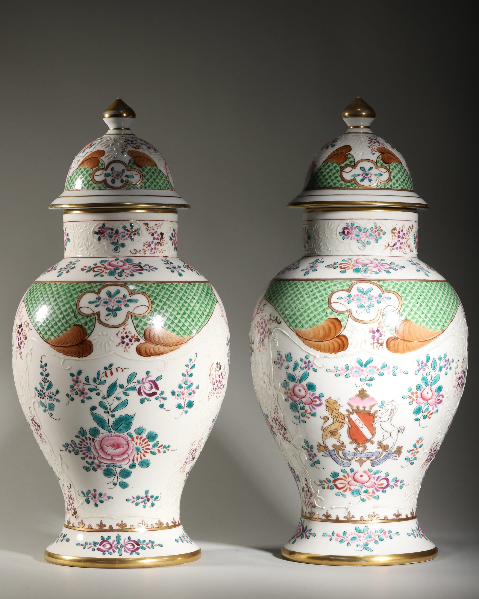 PAIR OF 19TH CENTURY FRENCH CUSTOM ARMORIAL PORCELAIN LIDDED GENERAL JARS WITH MOULDED FLORAL (1 of 9)