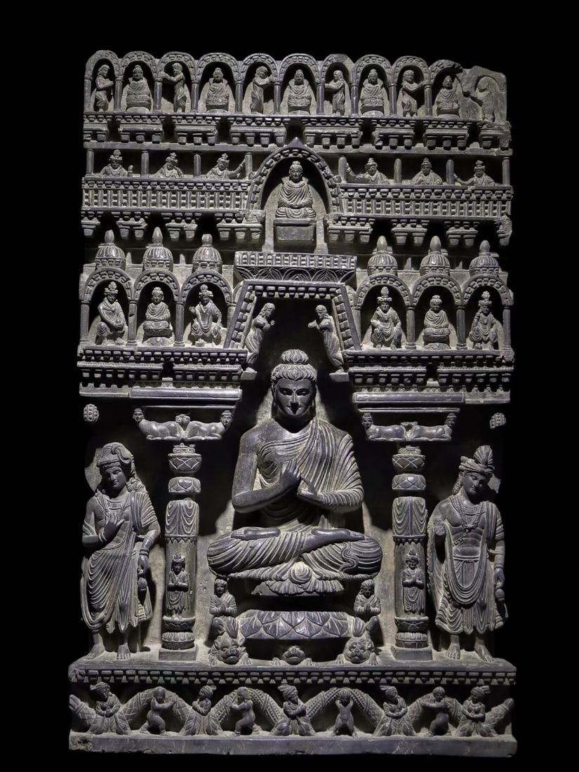 BLACK STONE RELIEF STELE WITH BUDDHA PREACHING SCENE, GANDHARA, 1ST?C4TH CENTURY (1 of 7)