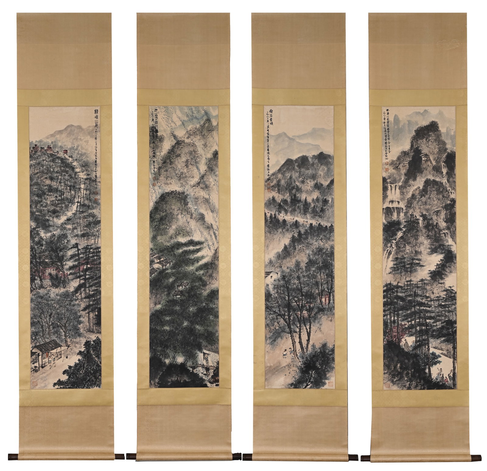 FOUR HANGING SCROLLS OF LANDSCAPES, FOUR SCENES, BY FU BAOSHI, MODERN PERIOD (1840-1949 AD) (1 of 19)