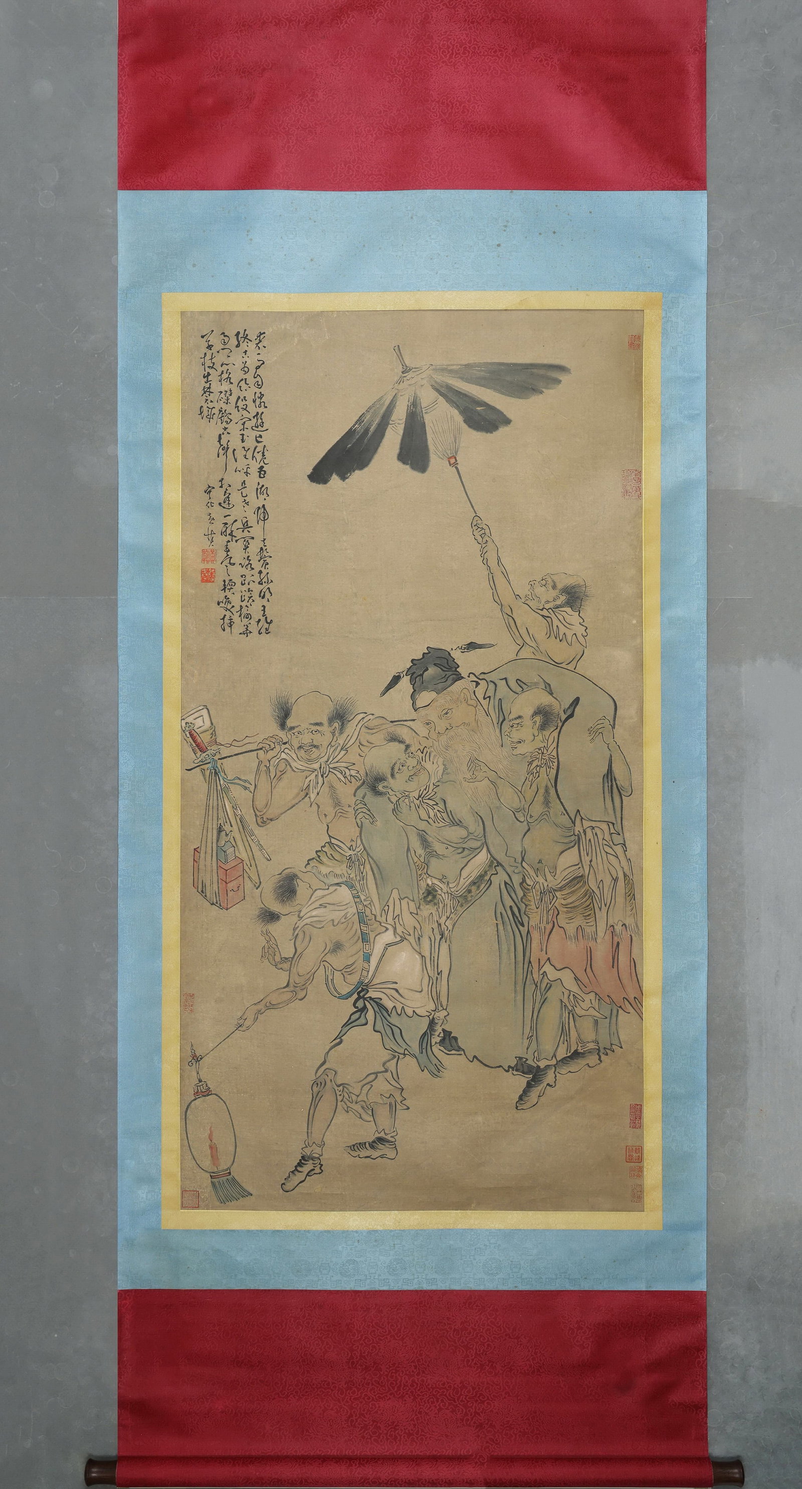 HUANG SHEN (1687-C.1772) ZHONG KUI WITH FIVE GHOSTS, INK AND COLOUR ON PAPER, HANGING SCROLL, QING: Image L 137cm (53.94 in) x Image W 68cm (26.77 in),Depicts Zhong Kui travelling accompanied by five ghosts rendered with vivid expressions. Executed in unrestrained brushwork infused with cursive call