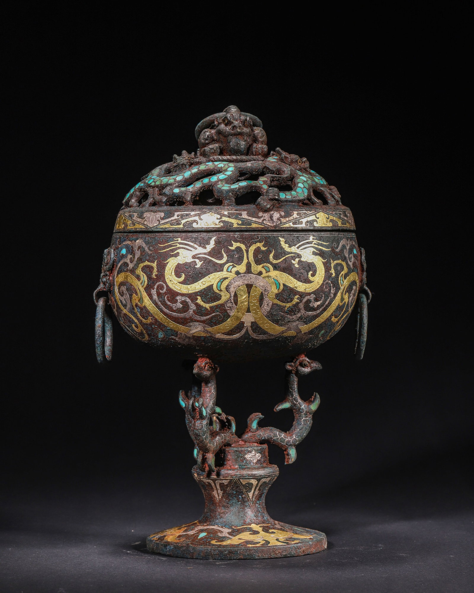 BRONZE INCENSE BURNER INLAID WITH GOLD, SILVER AND TURQUOISE, HAN DYNASTY (202 BC?C220 AD) (1 of 12)