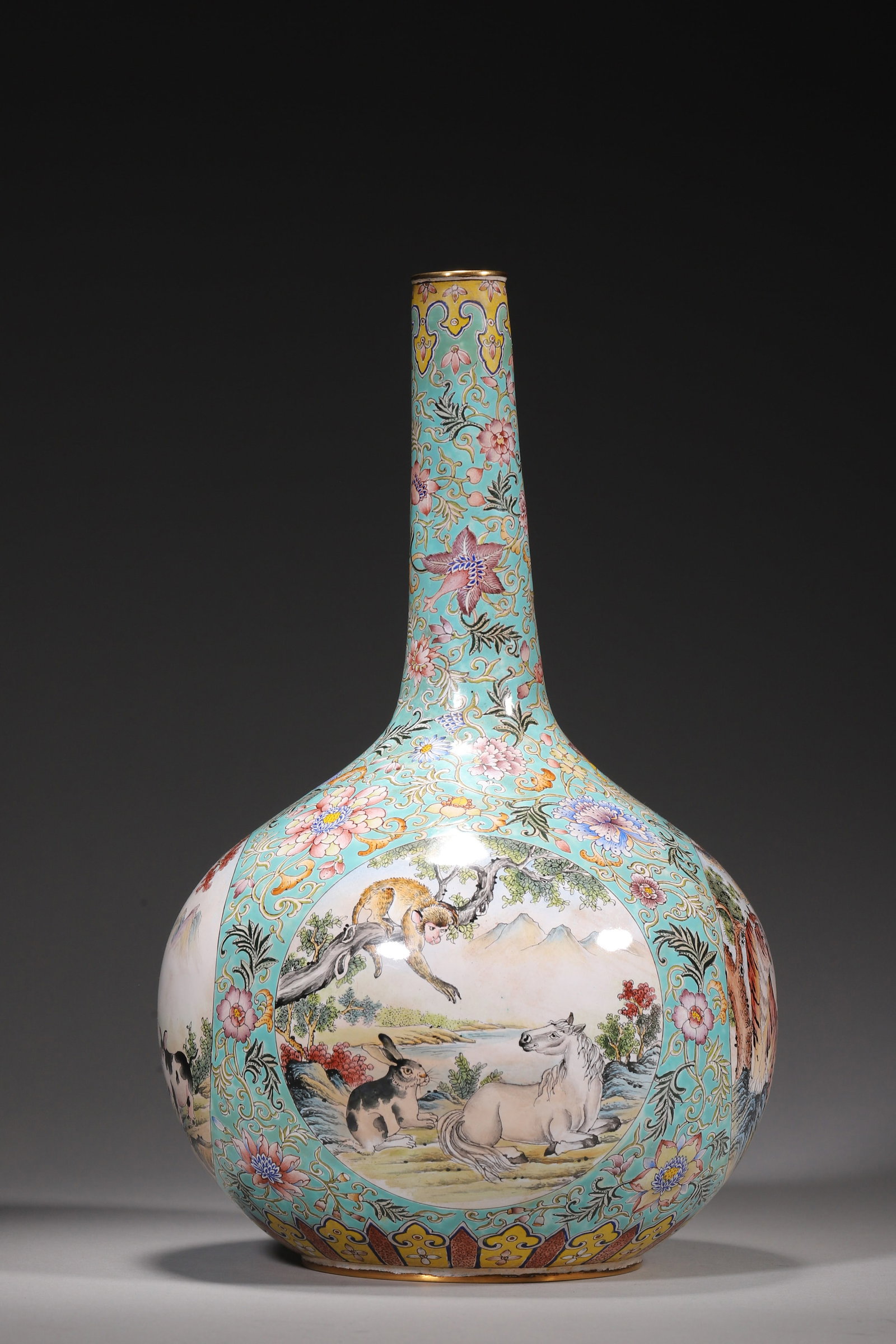 COPPER-BODY PAINTED ENAMEL TURQUOISE-GLOBAL VASE WITH TWELVE ZODIAC MEDALLIONS, QIANLONG PERIOD, (1 of 10)