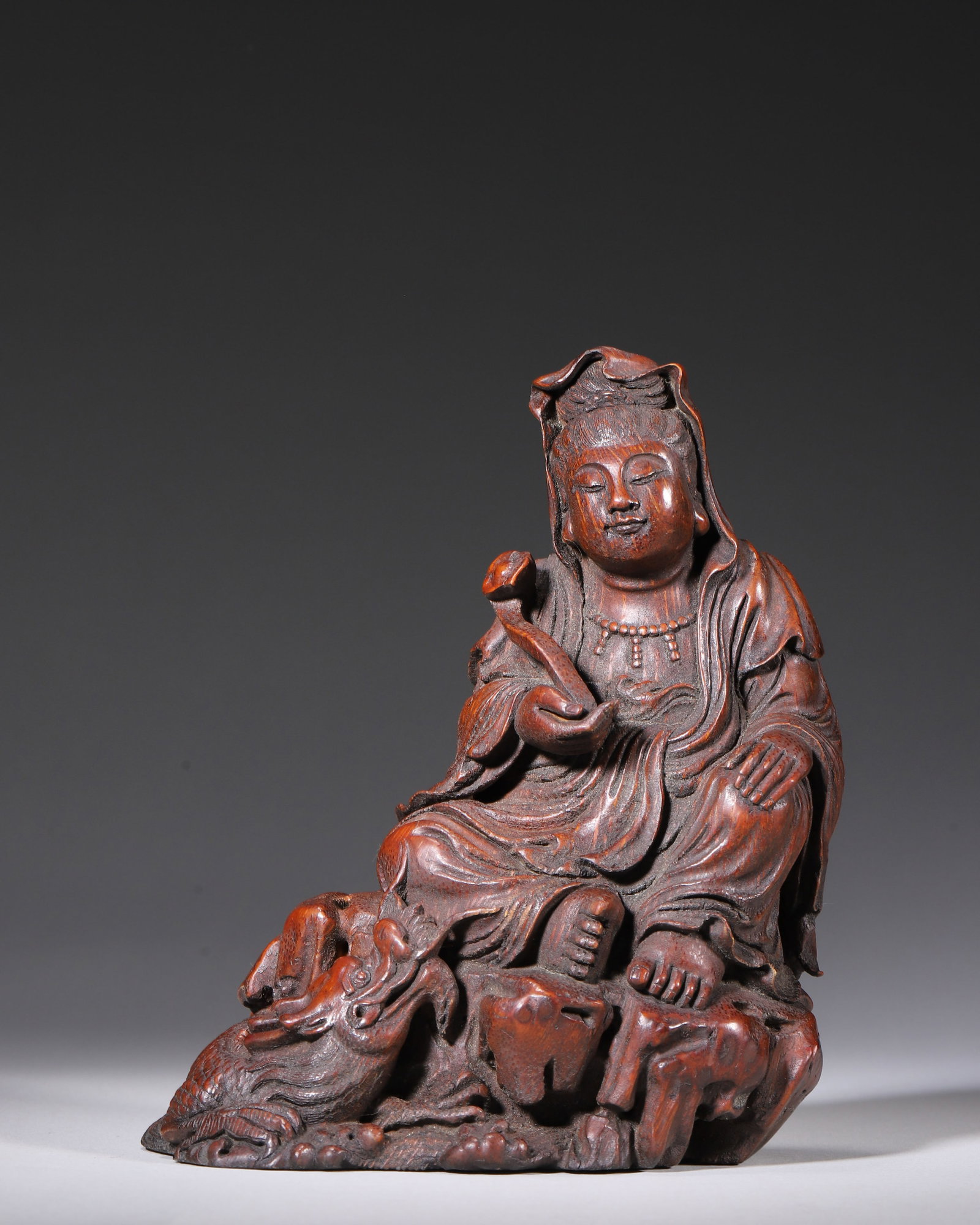 QING DYNASTY BAMBOO ROOT CARVED SEATED GUANYIN WITH RUYI ON DRAGON, SIGNED HONGYU (1 of 7)
