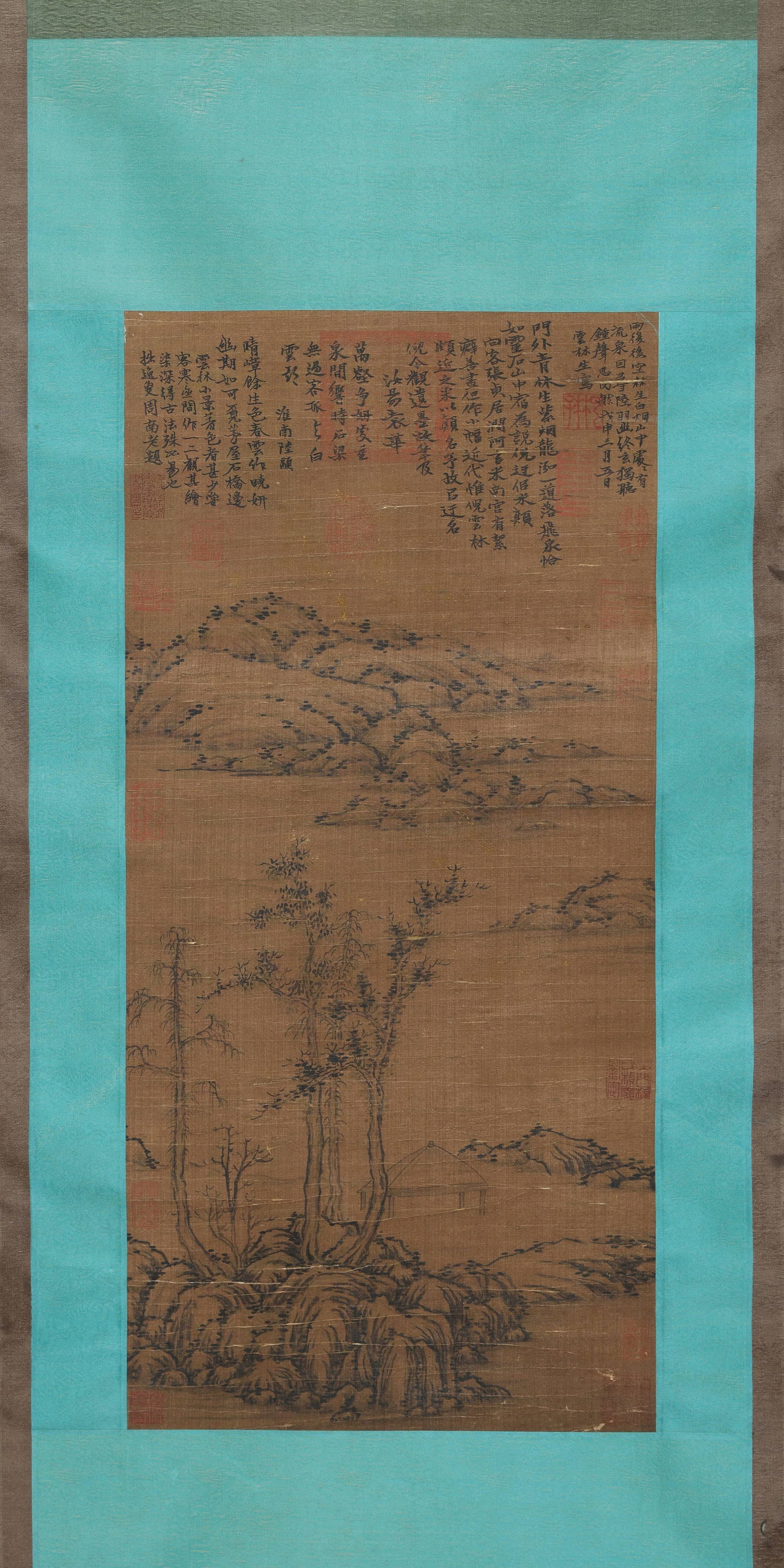 NI ZAN, THATCHED PAVILION BY STREAM AND HILLS, INK ON SILK, HANGING SCROLL, YUAN DYNASTY (1271?C1368: Image L 69cm (27.17 in) x Image W 33cm (12.99 in),Ink landscape painted on silk, adopting Ni Zan??s classic "river-between-two-banks?? composition. In the foreground lie rugged rocks with sparse, wint