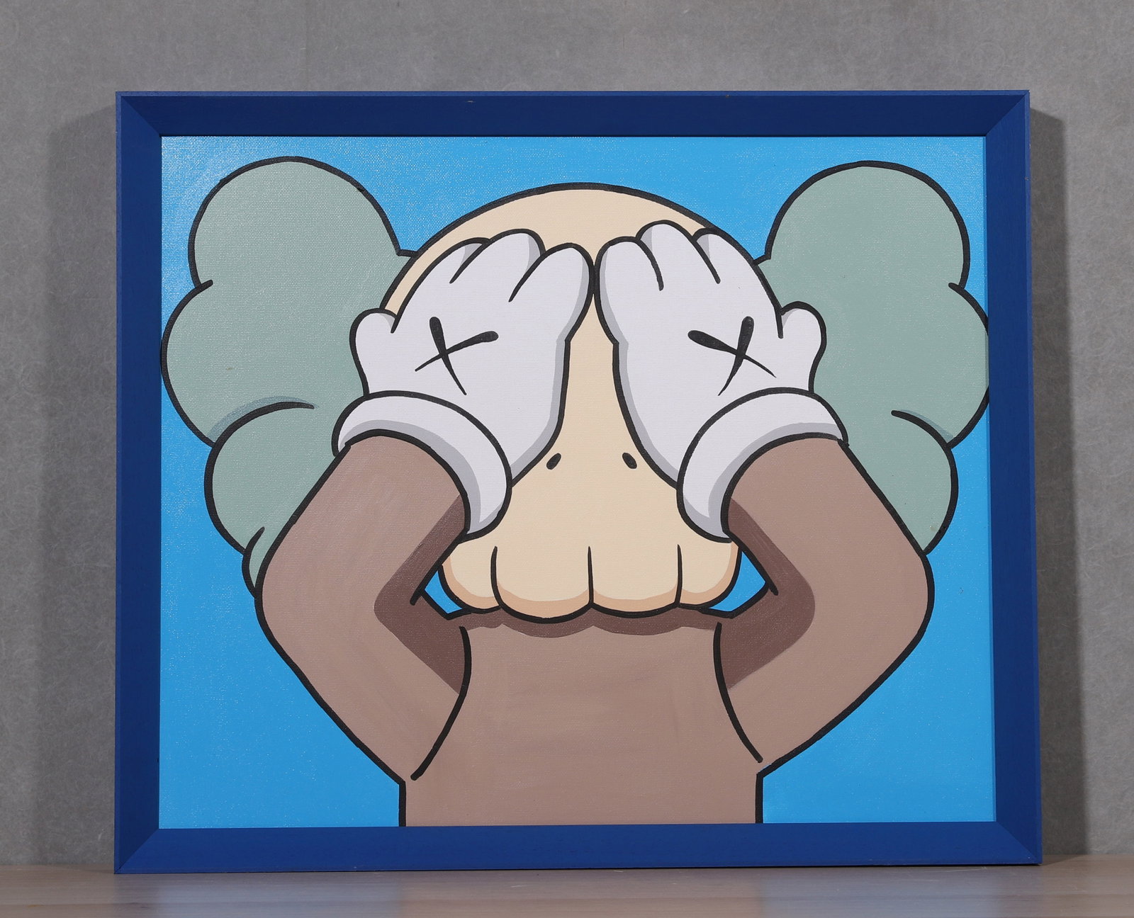 KAWS (BRIAN DONNELLY, B.1974), AMERICAN, ACRYLIC ON CANVAS, MODERN SOLID BLUE FLOATING FRAME,: Frame L 64.00cm (25.20 in); W 55.00cm (21.65 in); Painting L 58.00cm (22.83 in); W 48.00cm (18.90 in),The work retains original canvas and period frame with natural signs of age. The painting surface 