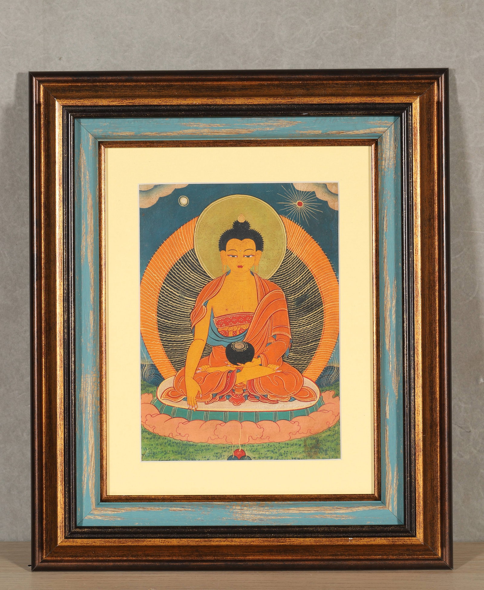 THANGKA DEPICTING SHAKYAMUNI BUDDHA, QING DYNASTY (1636-1912): L 32cm (12.598 in); W 27cm (10.63 in),Thangka painting of Shakyamuni Buddha seated in full lotus posture on lotus throne. The Buddha displays Bhumisparsha mudra with the right hand and holds an alms b