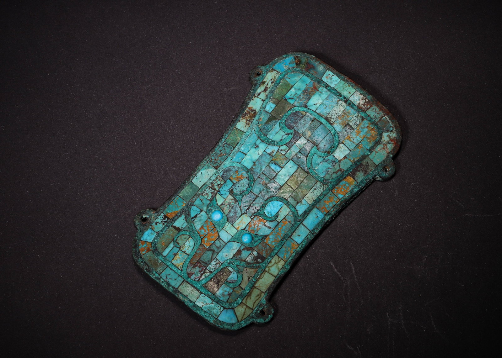 BRONZE PLAQUE INLAID WITH TURQUOISE, BEAST PATTERN, SHANG DYNASTY (1600?C1046 BC) (1 of 6)